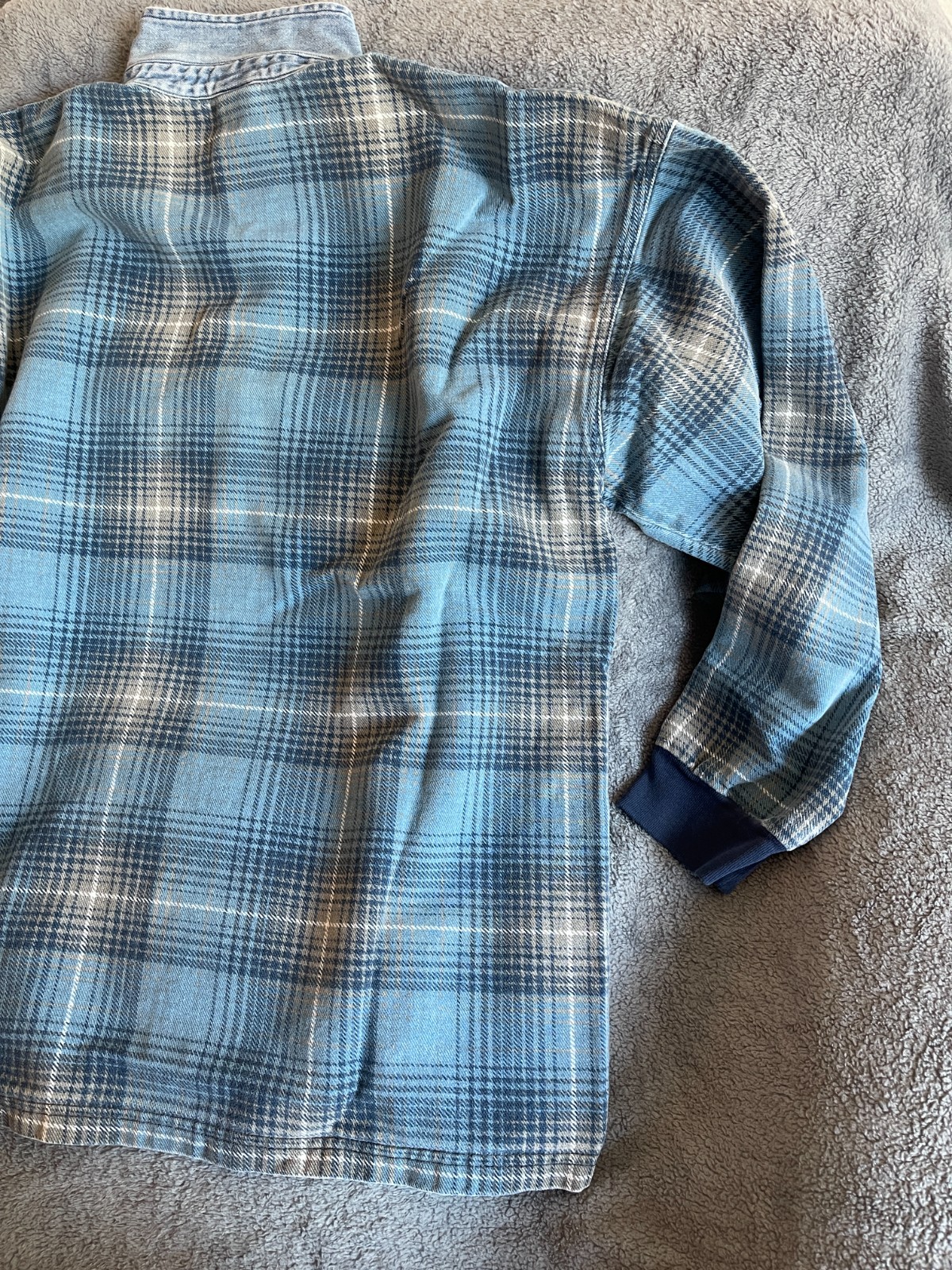 Vintage Structure Flannel Shirt L Blue Plaid Denim Collar Made in USA 90s