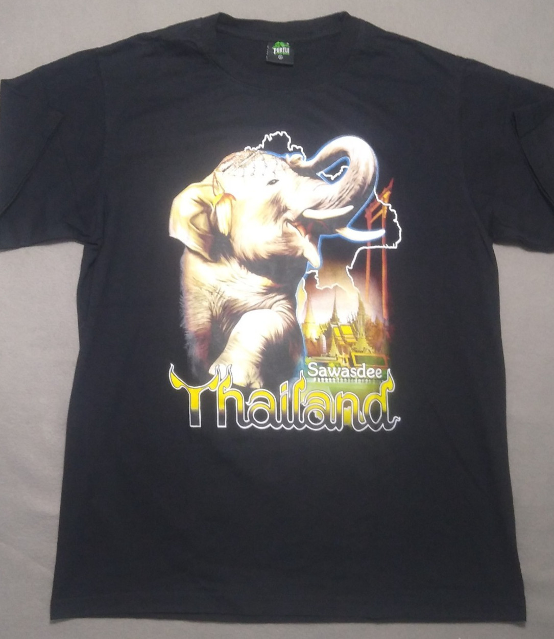 Sawasdee Thailand XL 42&Prime; T Shirt Elephant Graphic Black Wildlife Turtle Brand
