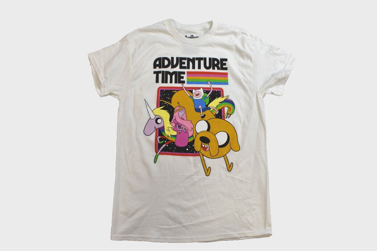 Adventure Time Mens Jake Finn Unicorn Rainbow Graphic White Shirt New S, M