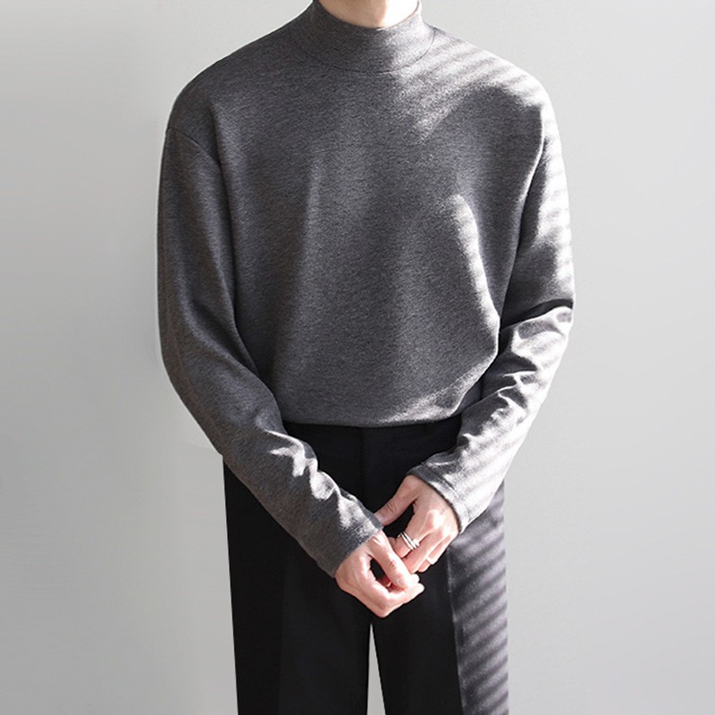Mens Bottoming Long Sleeved Tee Thin T-Shirt Half Turtleneck Loose Crewneck Tops