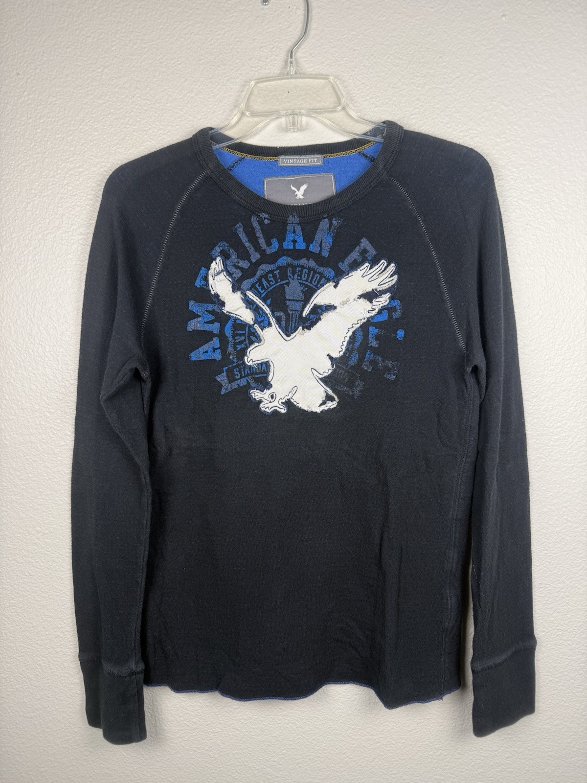 American Eagle Vintage Fit Thermal Shirt XS Black Eagle Logo Long Sleeve Y2K