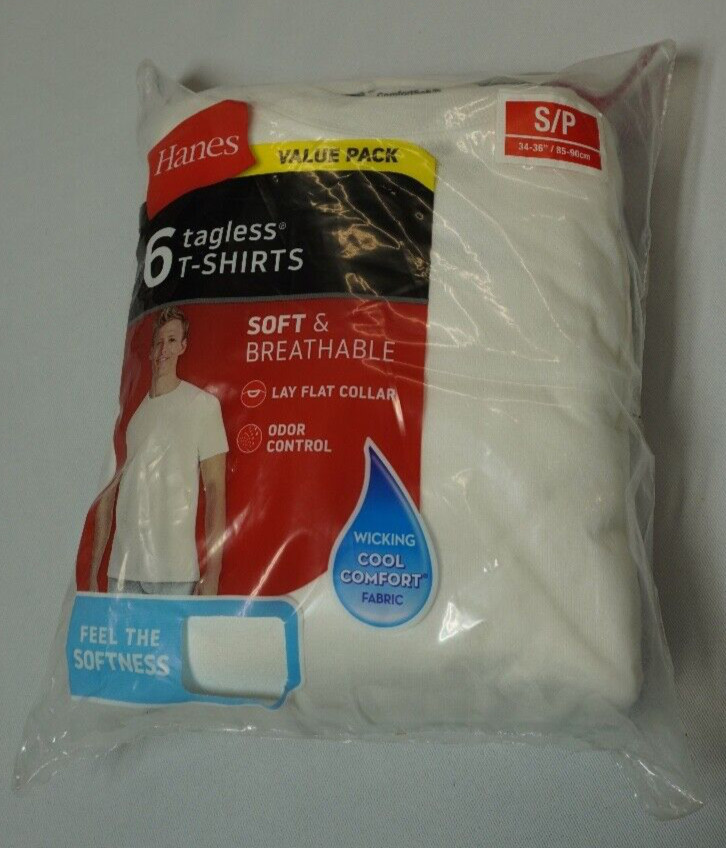 Hanes White 6 Pack Tagless T-Shirts Men&rsquo;s-Lay Flat Collar Soft Size-S/P