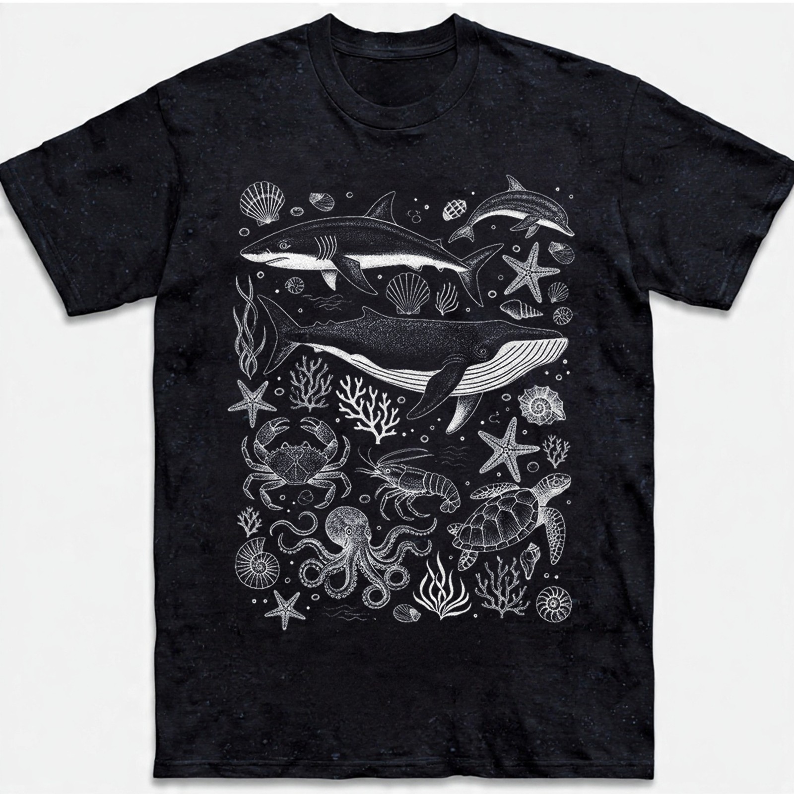 Ocean Creatures Shark Whale Octopus Marine Retro Sketch Vintage Gift Tee