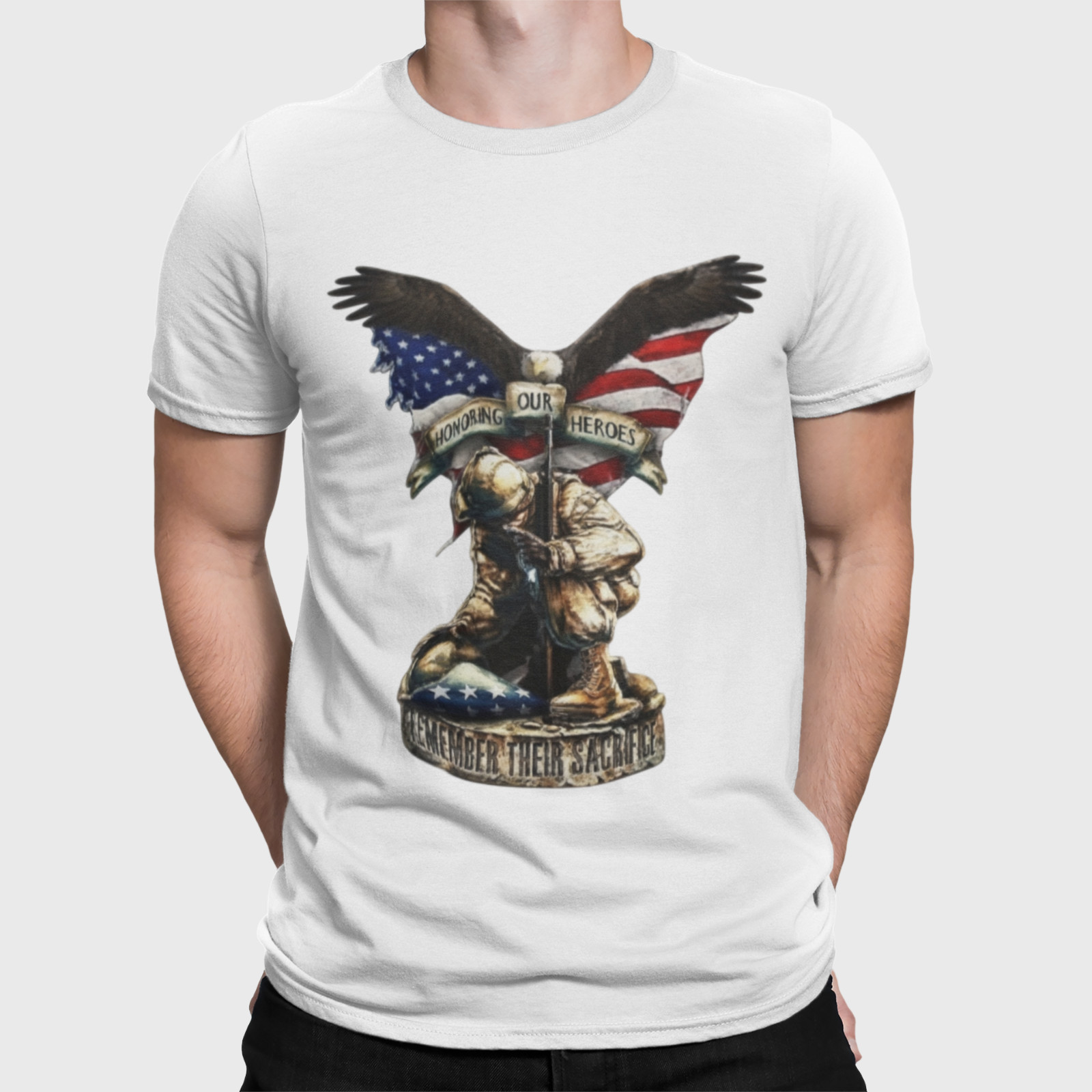 Patriotic T-Shirt – Honoring Our Heroes Kneeling Soldier with Eagle Wings Graphi