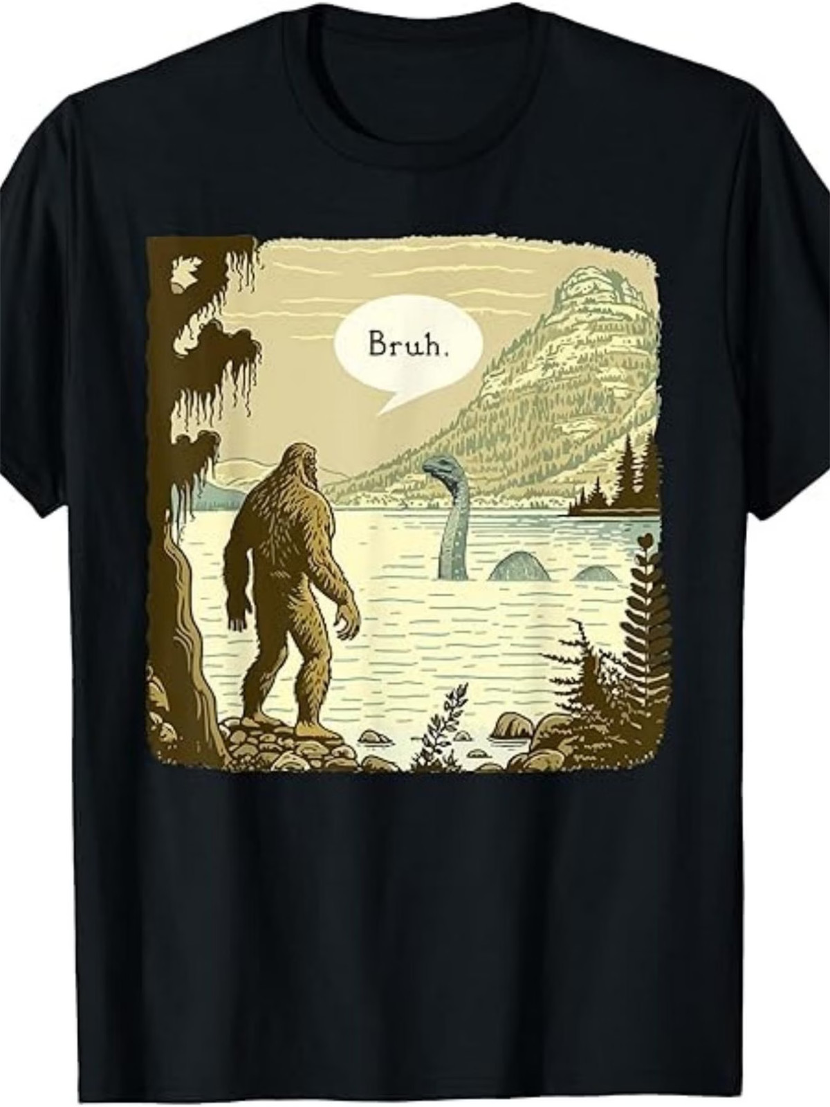 1pc Men&rsquo;s Sasquatch & Loch Ness Monster Graphic T-Shirt – 100% Cotton Crew Neck