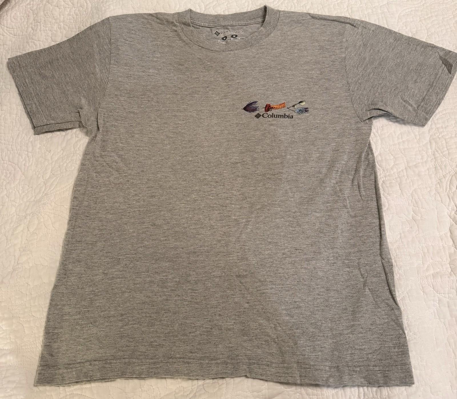 Columbia Men&rsquo;s Gray Fish Lures & Flies Graphic Logo Crewneck T-Shirt Size M