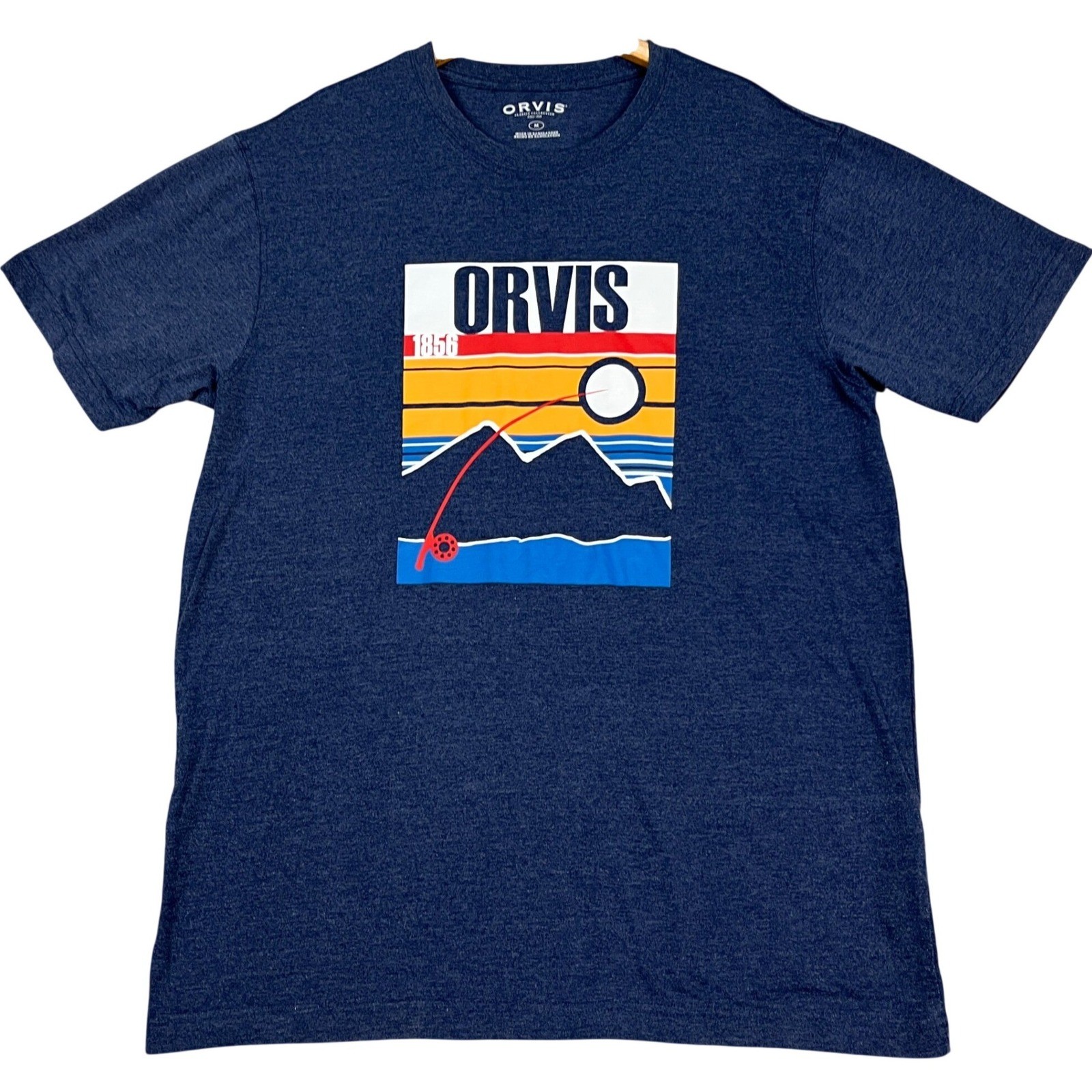 Orvis T-Shirt Mens Medium Blue Heathered Classic 1856 Fishing Graphic Mountain