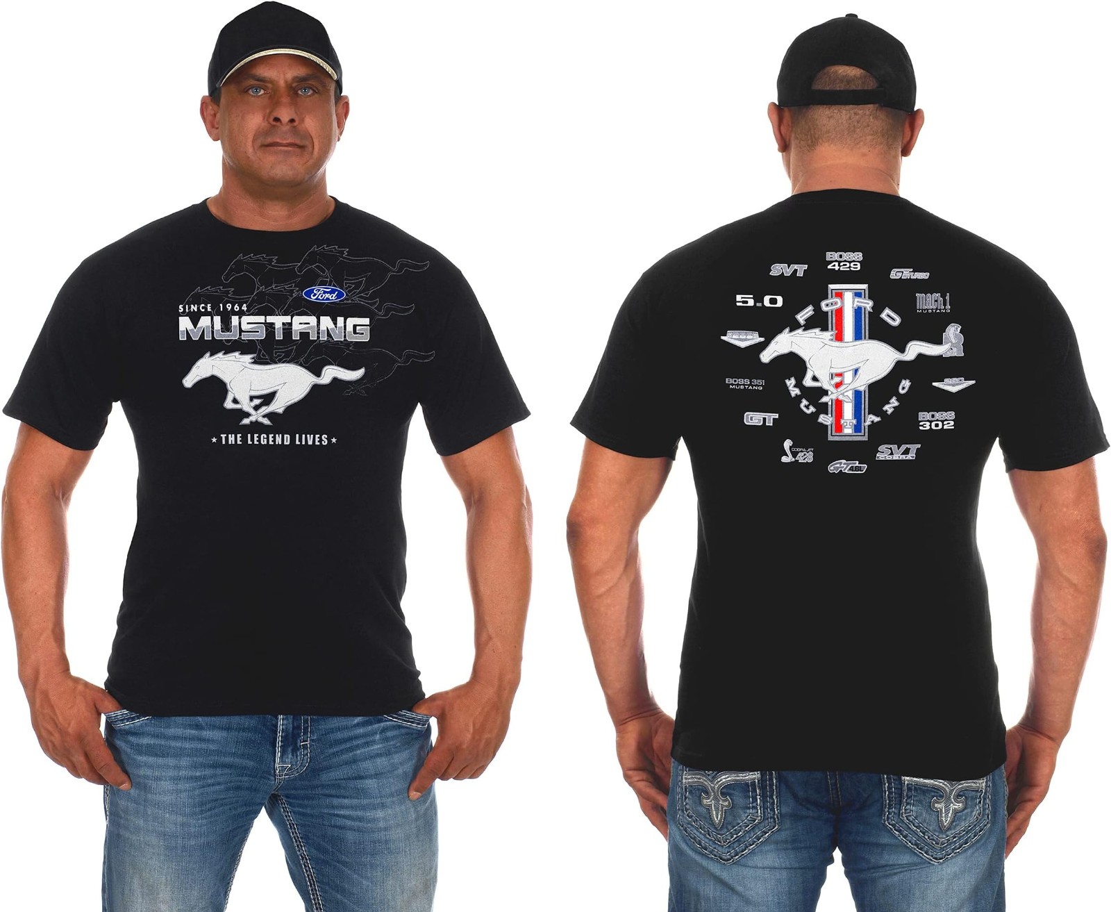 JH Design Men&rsquo;s Ford Mustang Collage Short Sleeve Crew Neck T-Shirt