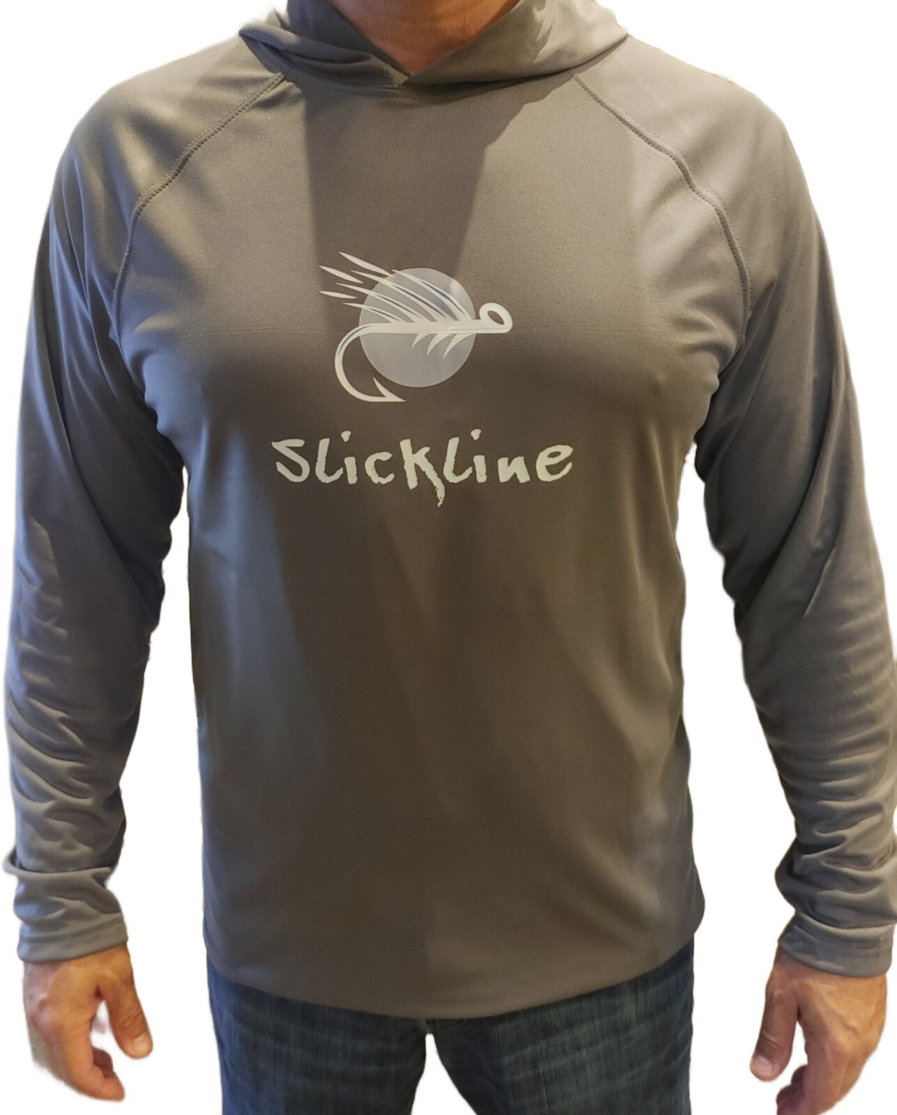 SLICKLINE Logo UPF 50+ UV Quick Dry Cool Long Sleeve Hoodie Fishing Shirt GREY