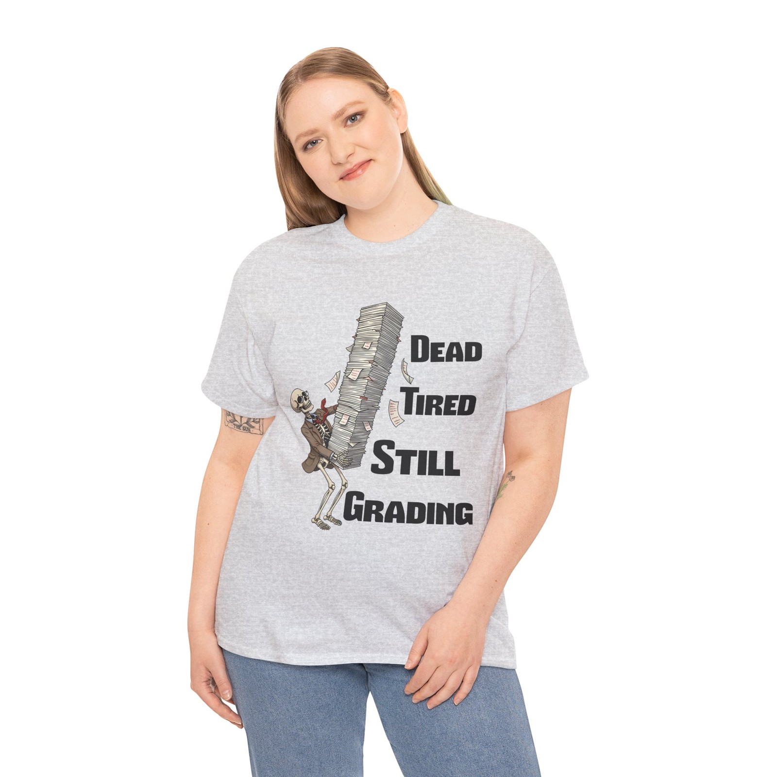 Dead Tired Still Grading Skeleton Carrying Papers T-Shirt | Teacher Humor