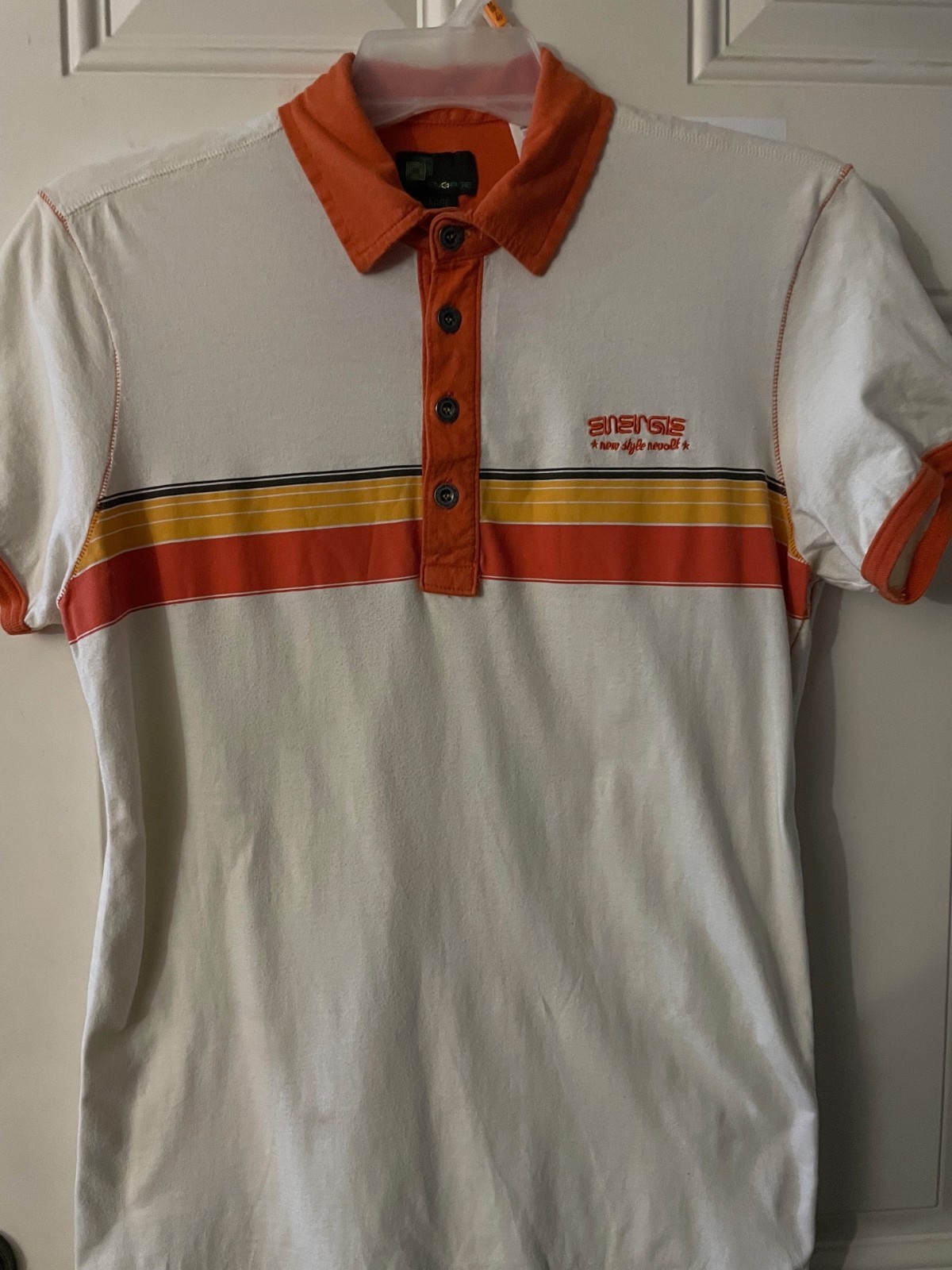 Energie Mens Tshirt Off White Orange Collar Stripes And Accents Size XL