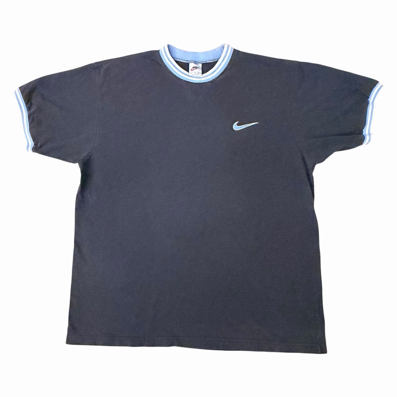 Vintage 90s Nike Embroidered Swoosh Logo Ringer T-Shirt Mens Large two Tone Blue