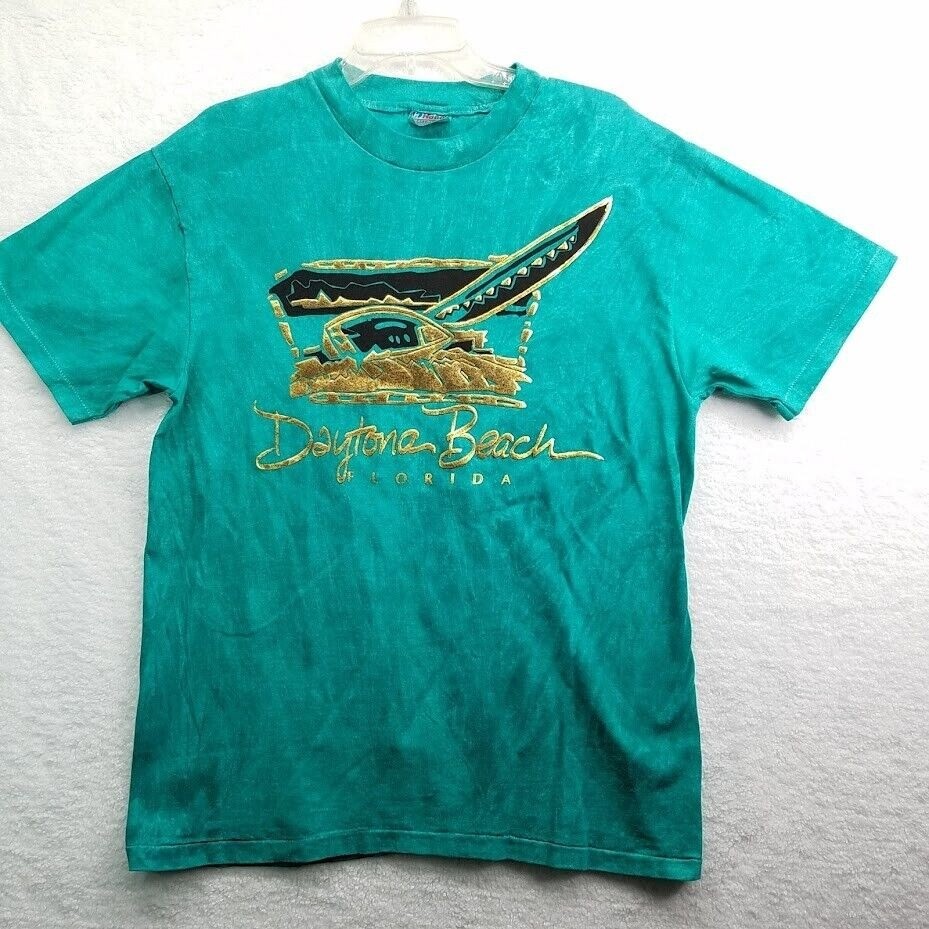 Daytona Beach Florida Shirt Large Green Blue Gold Foil Vintage 80s Single Stitch