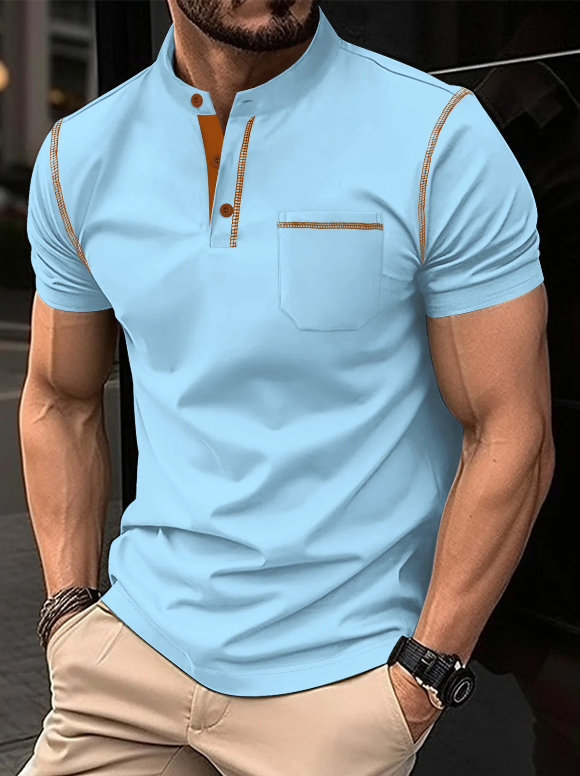 Summer New Men Henry collar short sleeve golf POLO shirt personality pocket styl