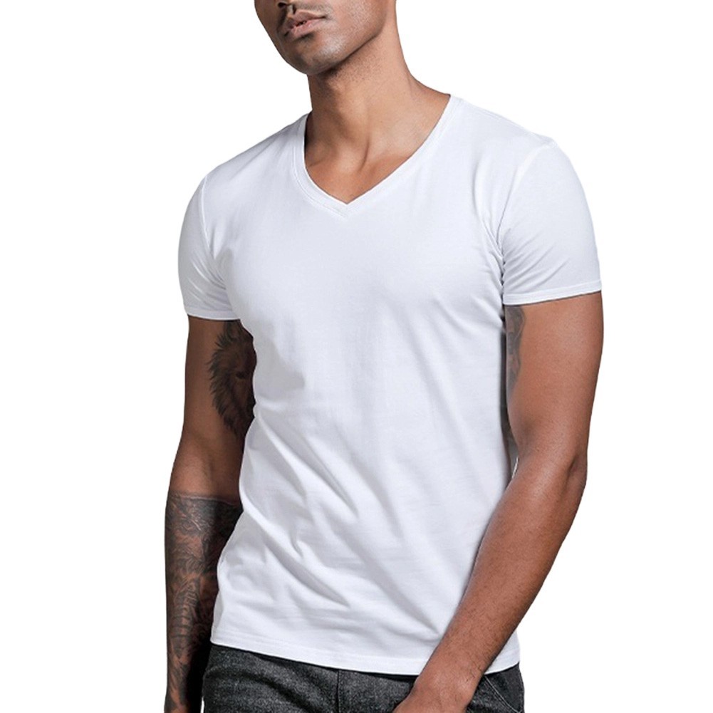 Men Solid Color V Neck Tight Fit T Shirt Short Sleeve Polyester Base Layer Top