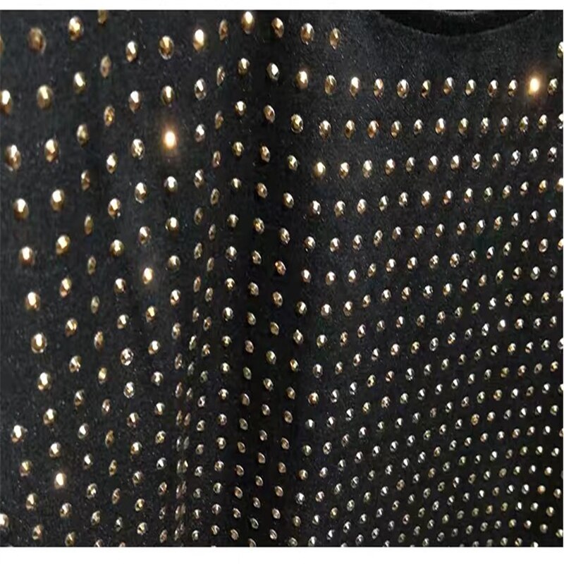 New Men Cotton Hot Drilling Polka Dot Rhinestones Black T-Shirt Short Sleeve