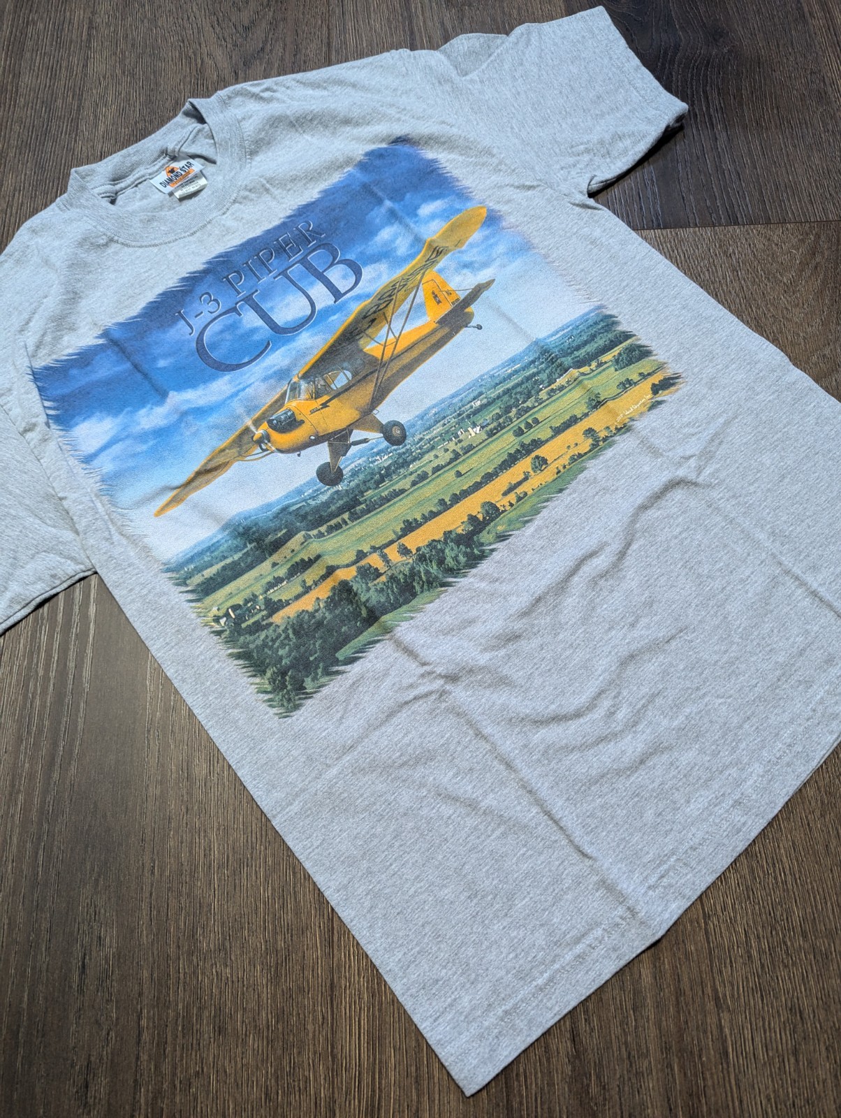Vintage 2000 J-3 Piper Cub Airplane Grey Tee with Diamond Star Tag