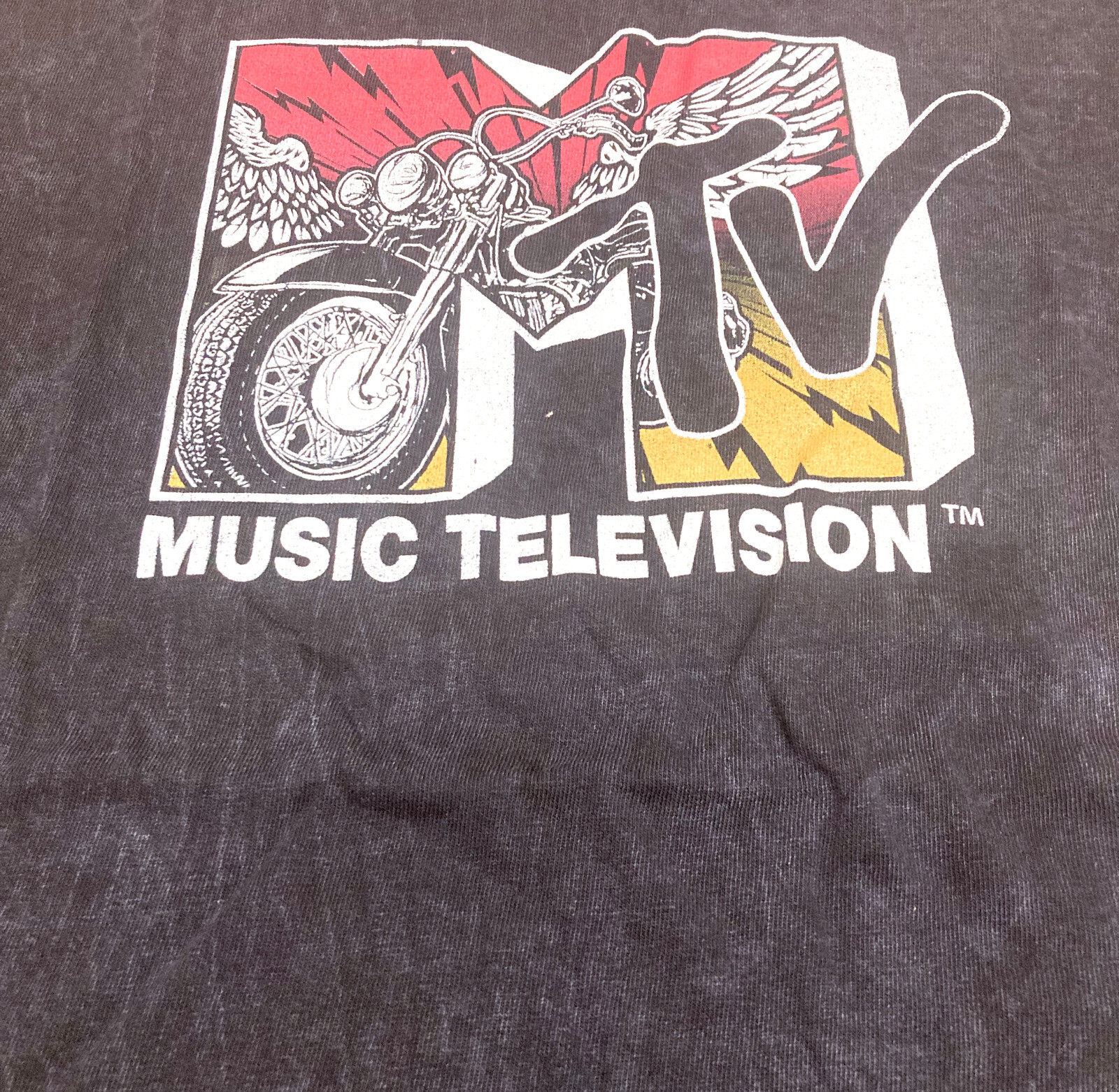 MTV Music Television Classic Motorcycle Logo Men&rsquo;s Black Acid Wash T-Shirt New