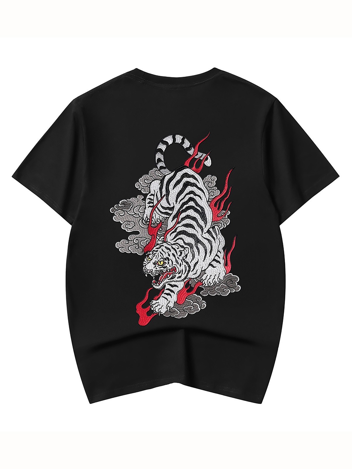Niepce Men&rsquo;s Vibrant Red Flame White Tiger Embroidery Japanese Streetwear Tee