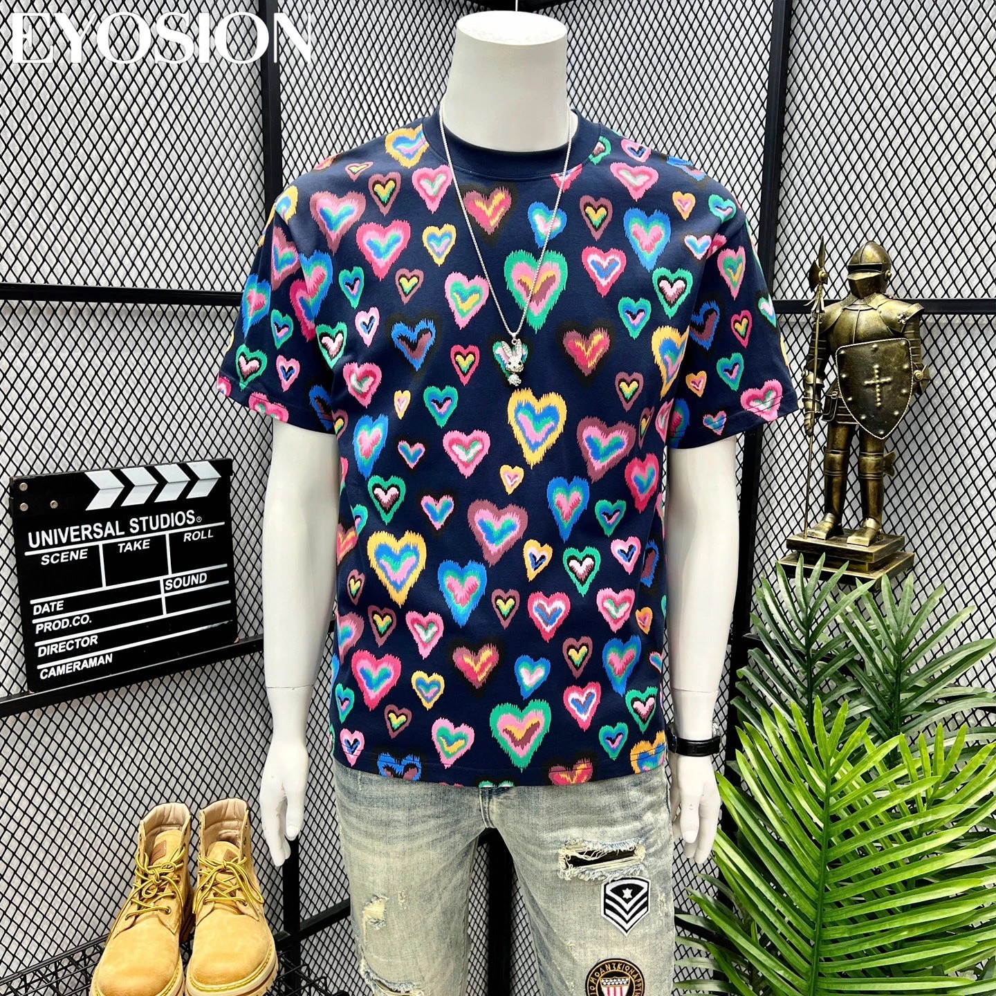 Men Heart Print Short Sleeve T-Shirt Casual Retro Round Neck Summer Cotton Tee
