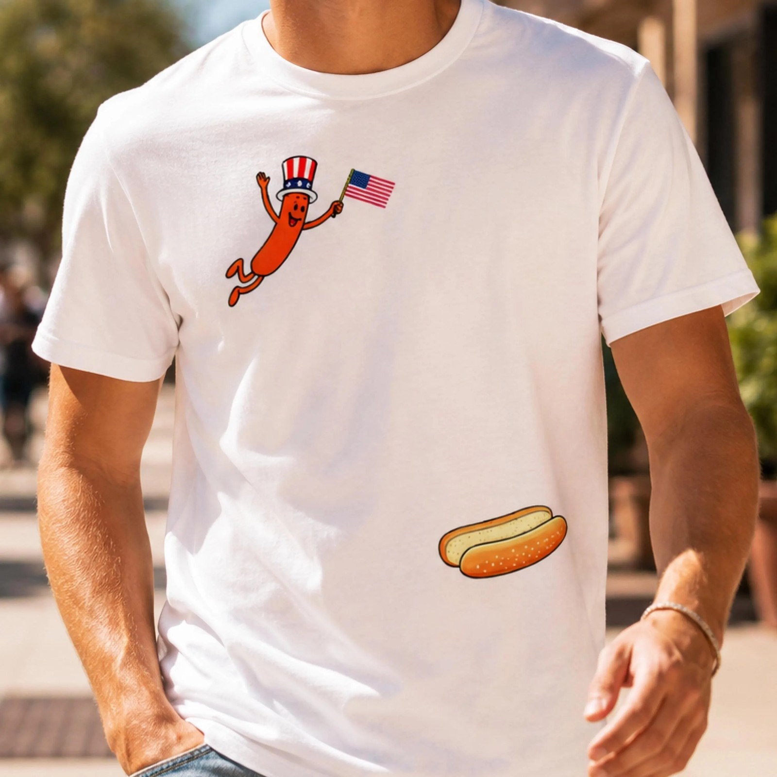 Hotdog Freedom Dive Funny Uncle Sam Hot Dog Jumping Into Bun T-shirt