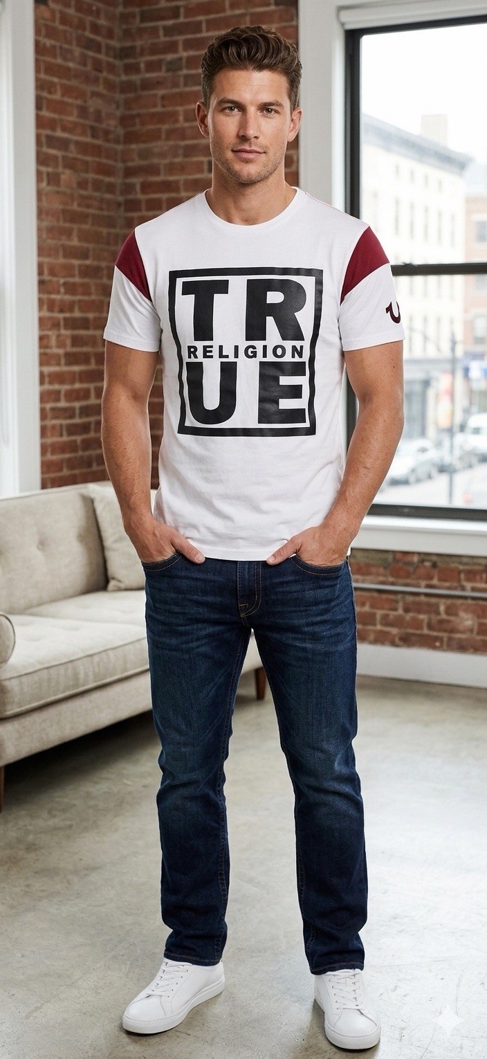 $79 TRUE RELIGION White SQUARE FOOTBALL Short Sleeve Designer Graphic T-shirt