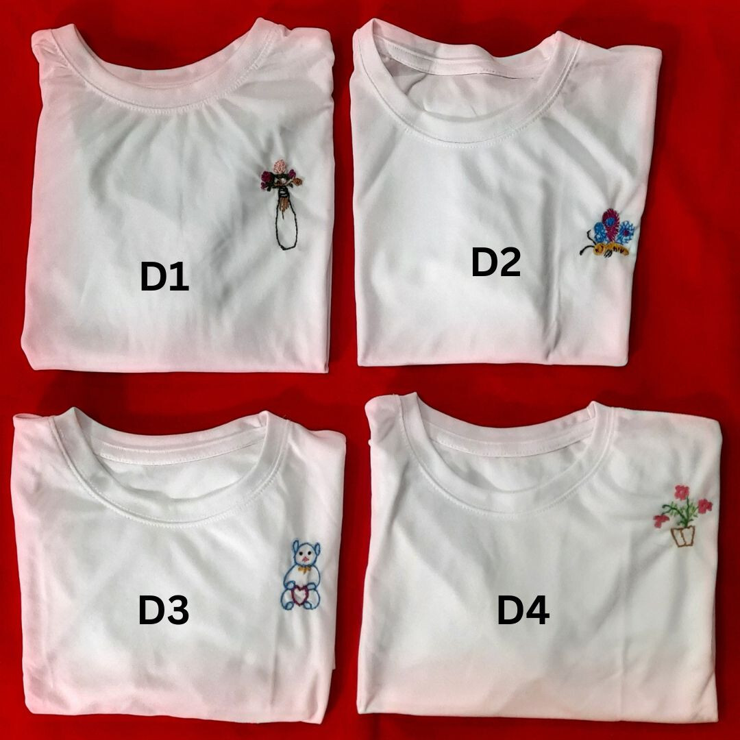 Hand Embroidered T-Shirt with Floral Vase Design – Unisex, Casual Wear Free Ship