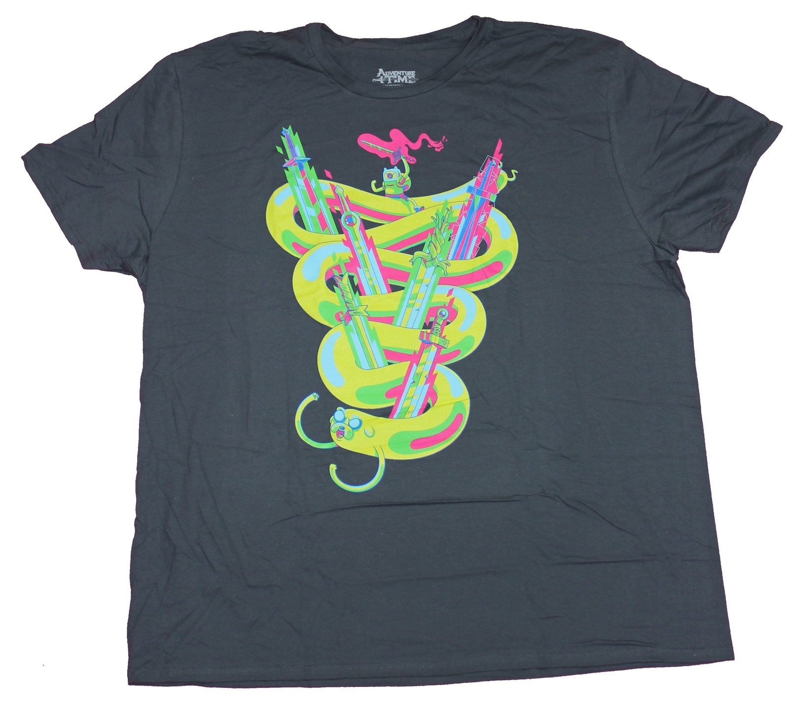 Adventure Time Mens T-Shirt- Day Glow Jake & Finn Stretched Around Swords
