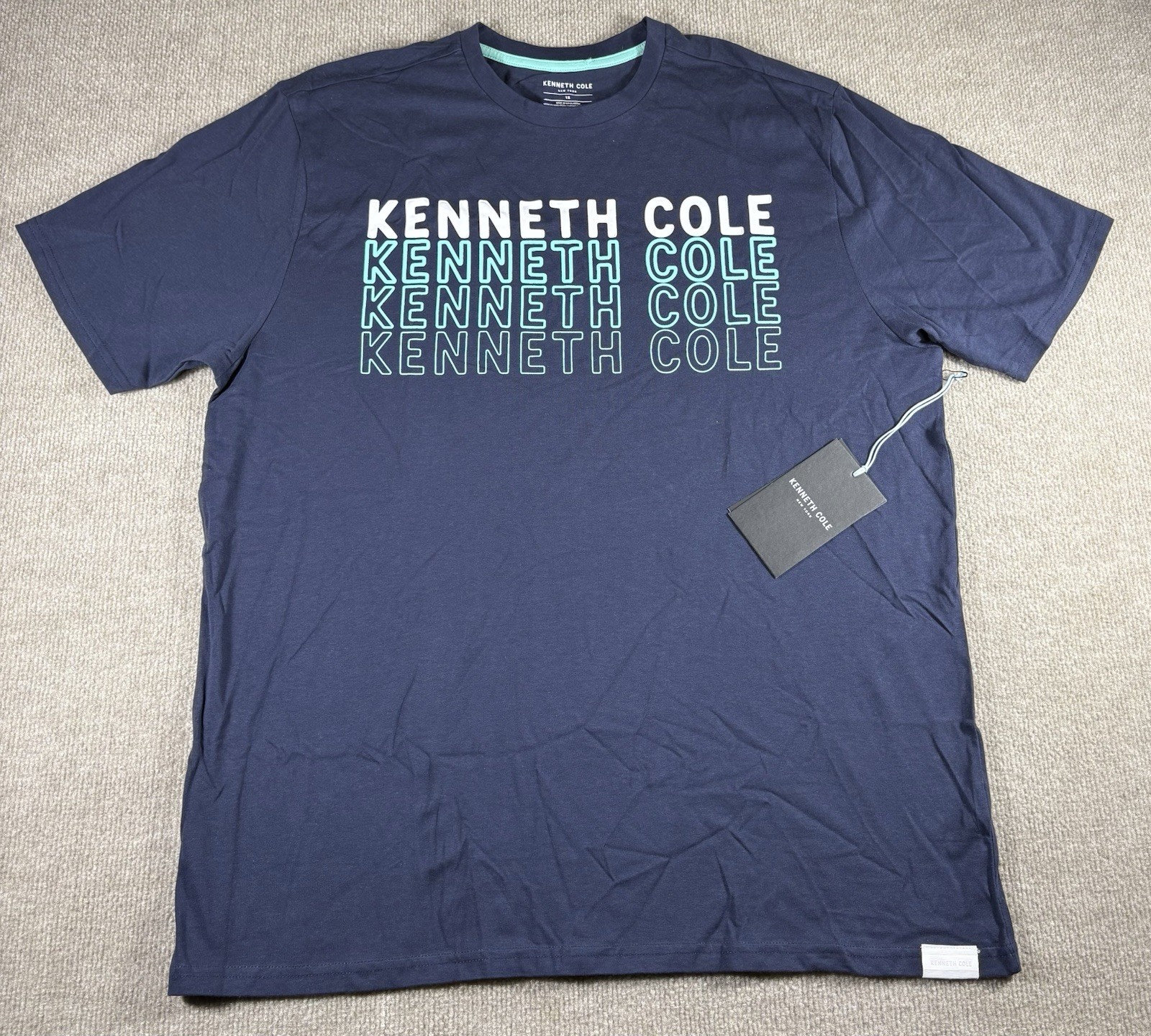 Kenneth Cole Shirt Men’s 1X Blue Short Sleeve Cotton Tee NEW Logos Spell out