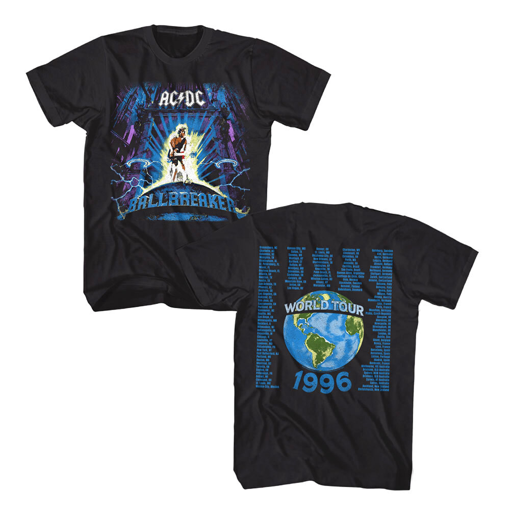 ACDC Ballbreaker World Tour 1996 Men&rsquo;s T Shirt Locations Rock Band Concert