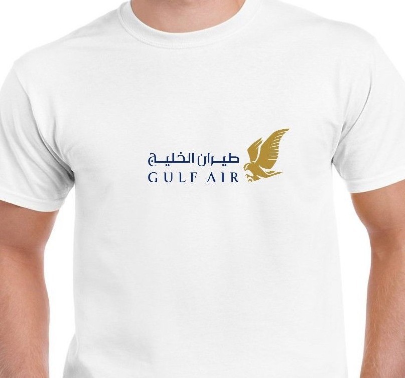 Gulf Air Gold Blue Logo Bahrain Airline White Cotton T-shirt
