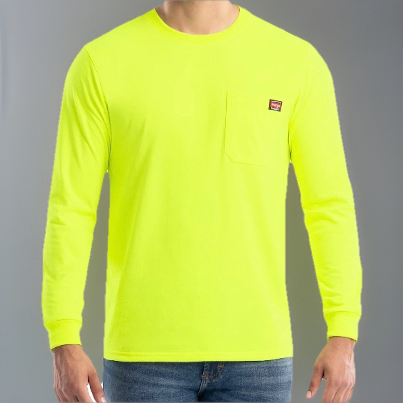 NEW Wrangler Workwear Men&rsquo;s Hi-Vis Yellow Long Sleeve Pocket T-Shirt Size M