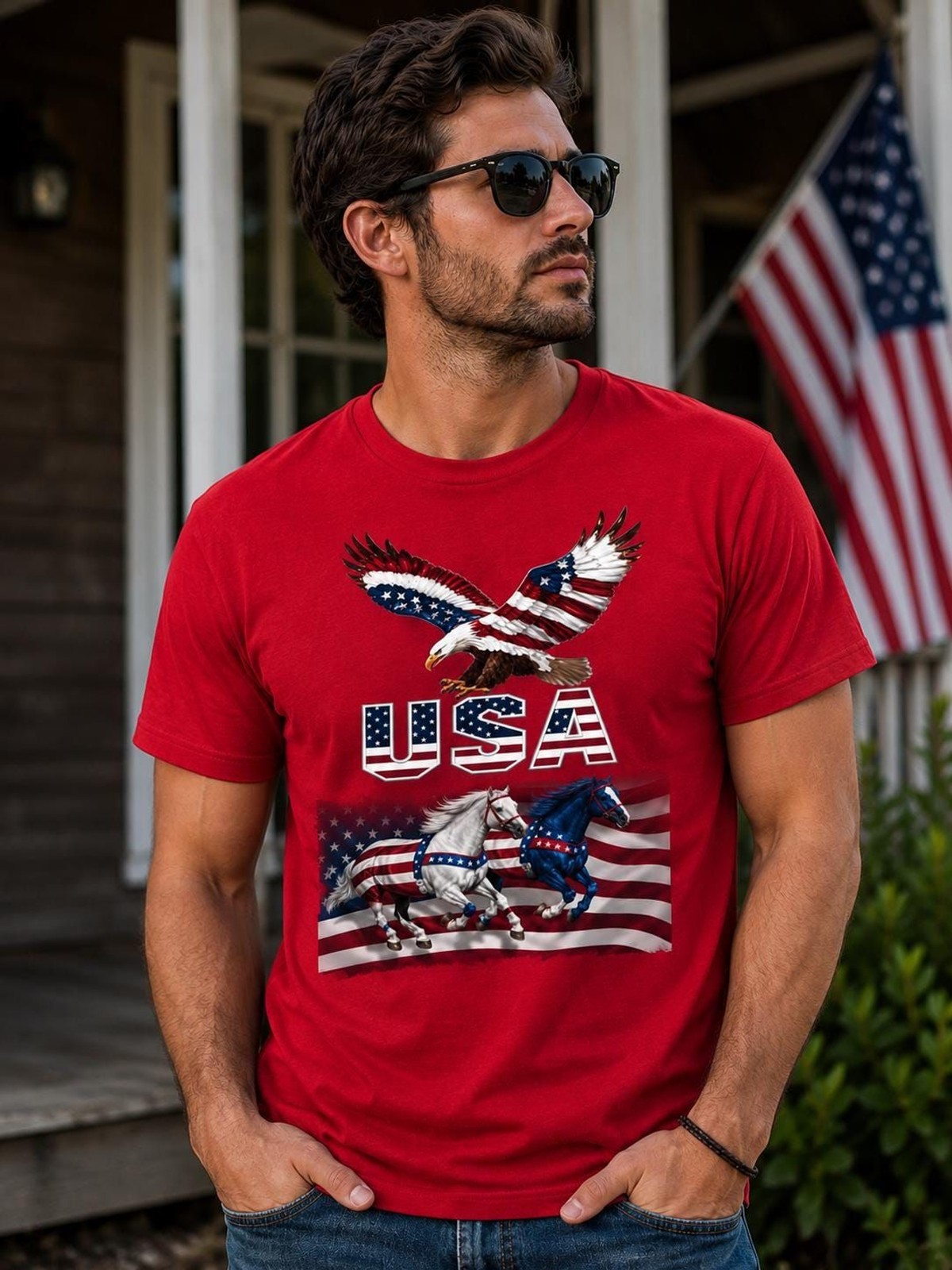 Patriotic USA Eagle T-Shirt, American Flag Bald Eagle Tee, July 4th Memorial Day