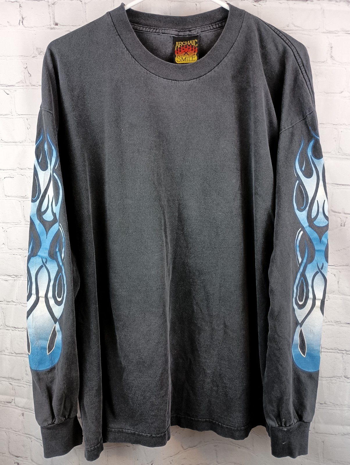 Vintage Archaic Smile Blue Flames Black Long Sleeve T-shirt Made In USA, Sz. XL