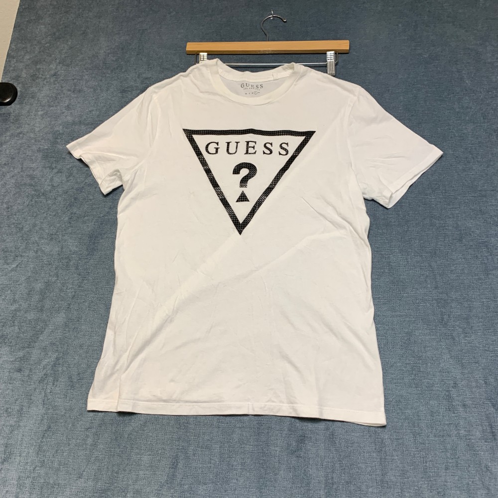 Guess T Shirt Mens Large White Graphic Spell Out Logo Crew Neck Short Sleeve