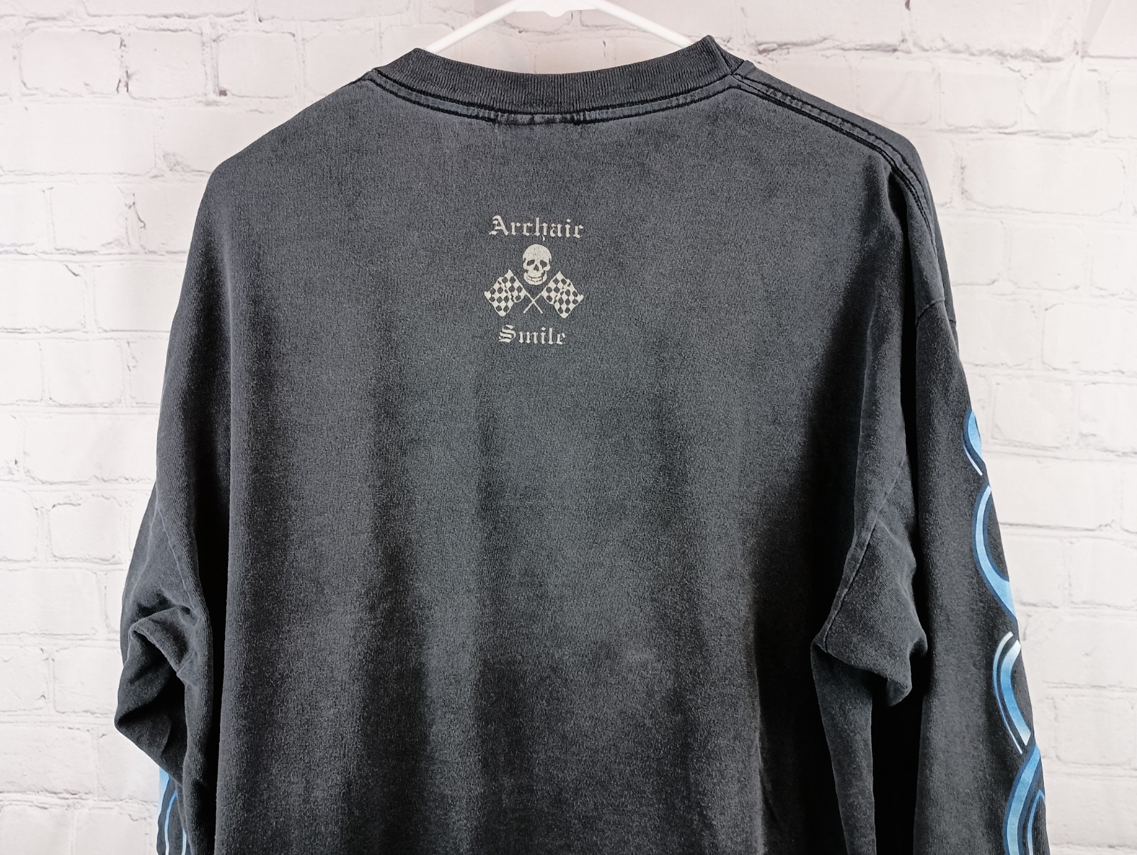 Vintage Archaic Smile Blue Flames Black Long Sleeve T-shirt Made In USA, Sz. XL
