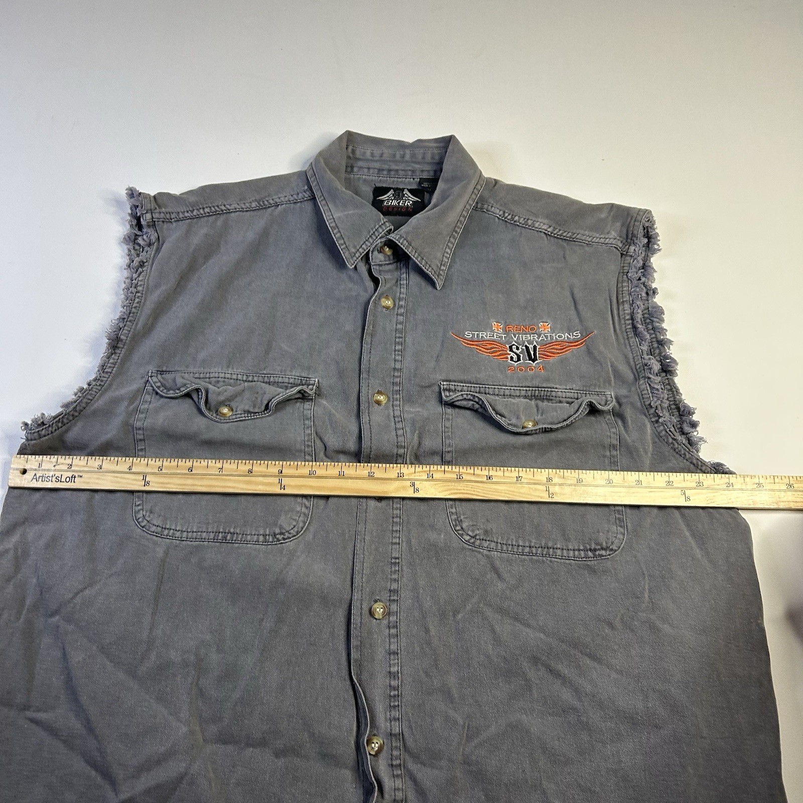 Vtg Y2k Reno Bike Rally 2004 Factory Cut/Sleveless Denim Button Shirt XL