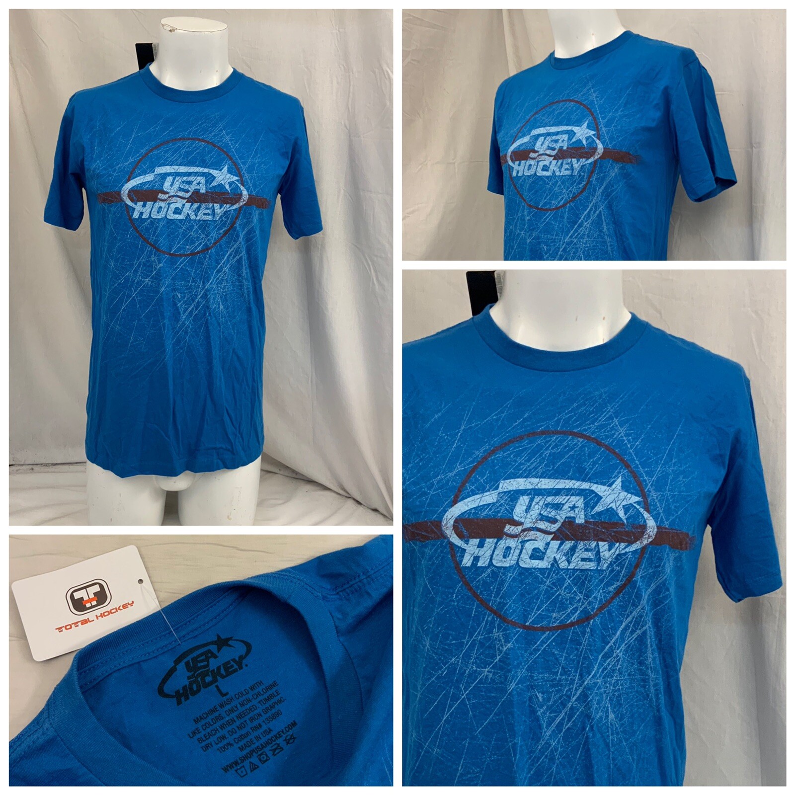 USA Hockey T Shirt L Blue 100% Cotton Short Sleeve Crew Neck NWT YGI N1-419