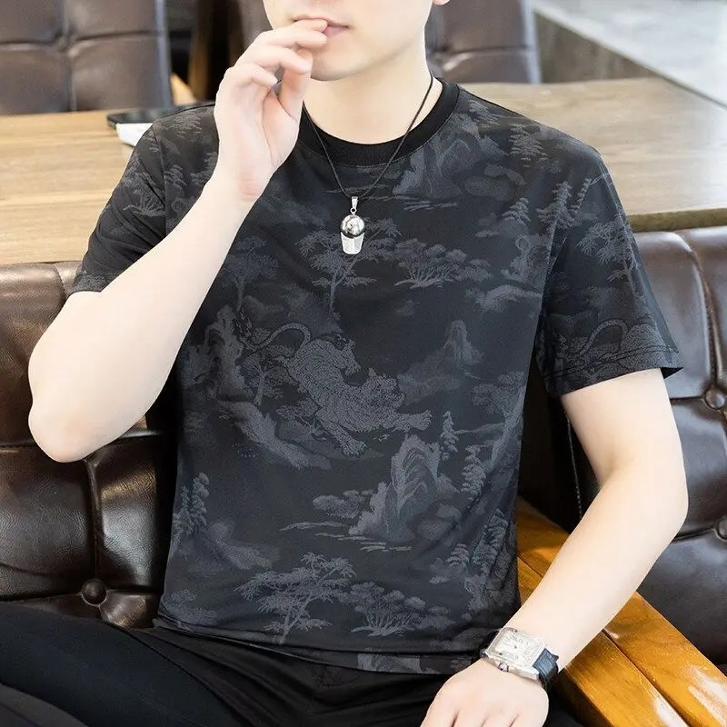 Men&rsquo;s Ice Silk Cooling T-Shirt Summer Print Casual Short Sleeve O-Neck Top