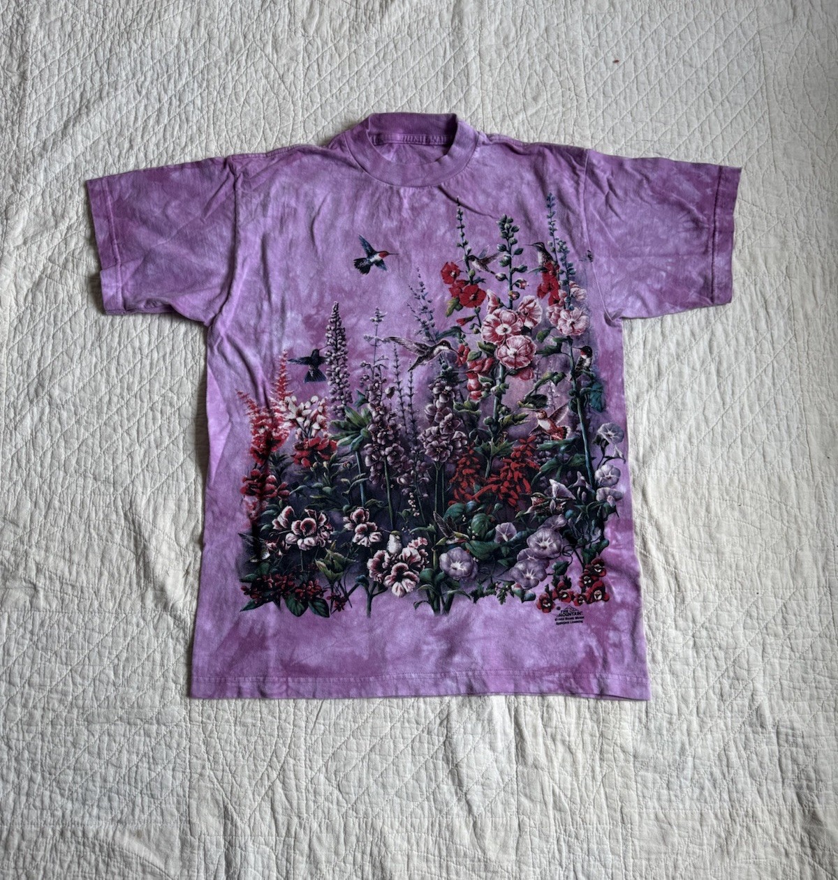 Vintage 90s Purple Tie Dye The Mountain Humming Bird And Flower Graphic T-shirt