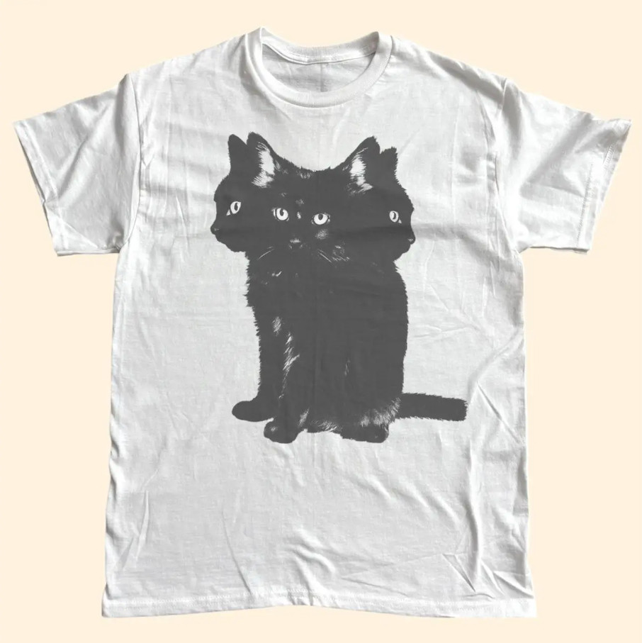 Black Cat Triple Face Graphic T-Shirt Funny Cute Tee Size L