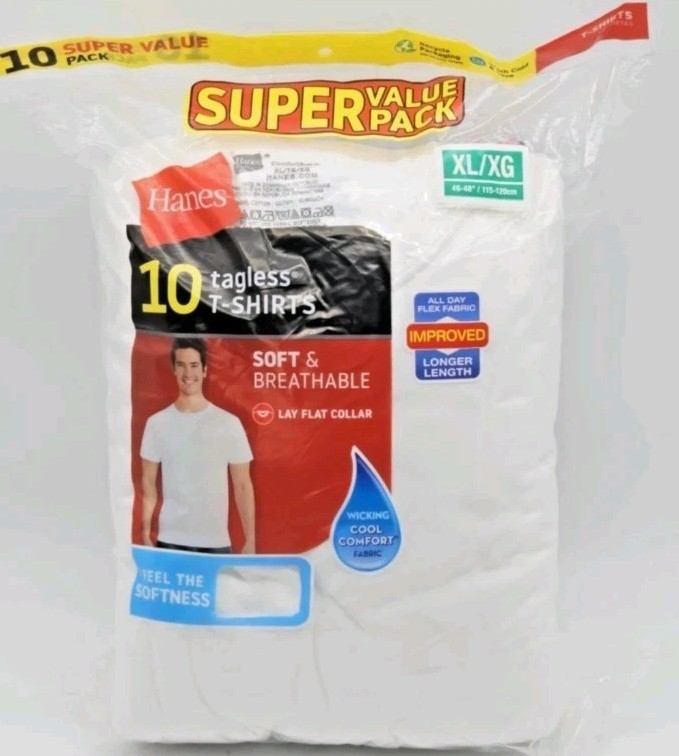 🎯Hanes Super Value Pack 10 Tagless T-Shirts White Extra Large XL 46&Prime;-48&Prime; Cotton