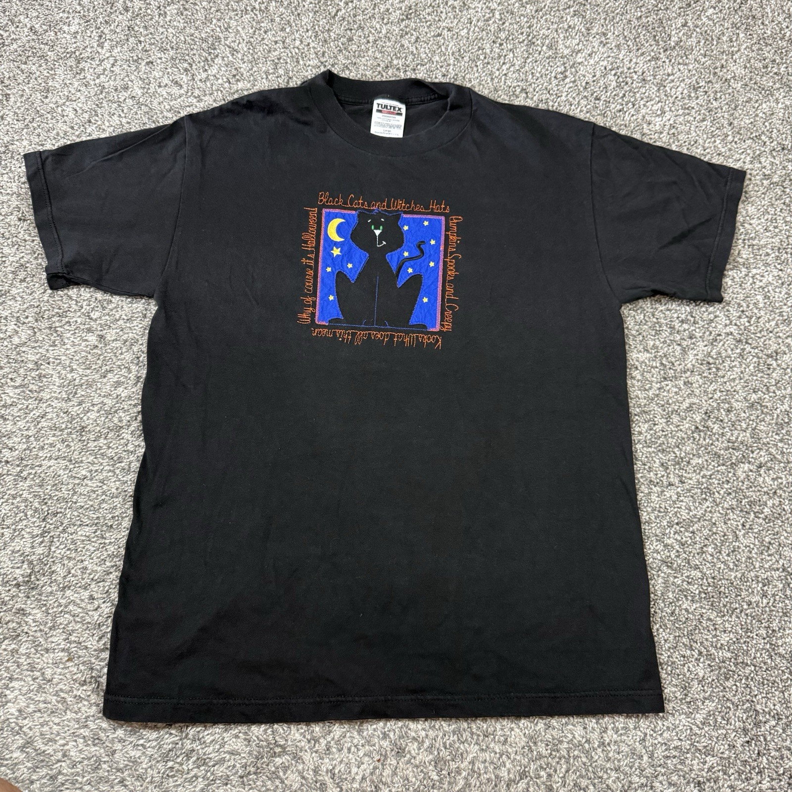 Vintage 90s Halloween Black Cat Witch Shirt Witches Cats Tultex Size L