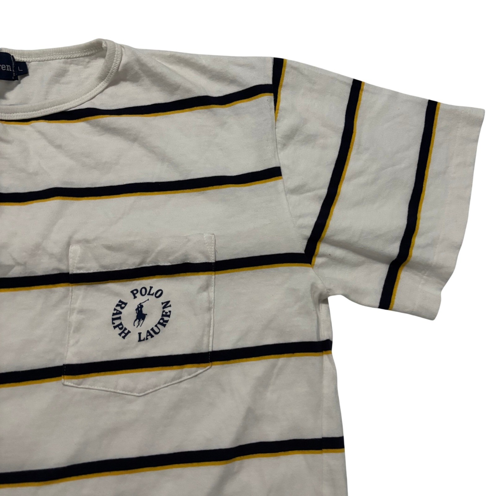Ralph Lauren Vintage 90&rsquo;s Mens L Striped Pocket T-Shirt White Navy Yellow Logo