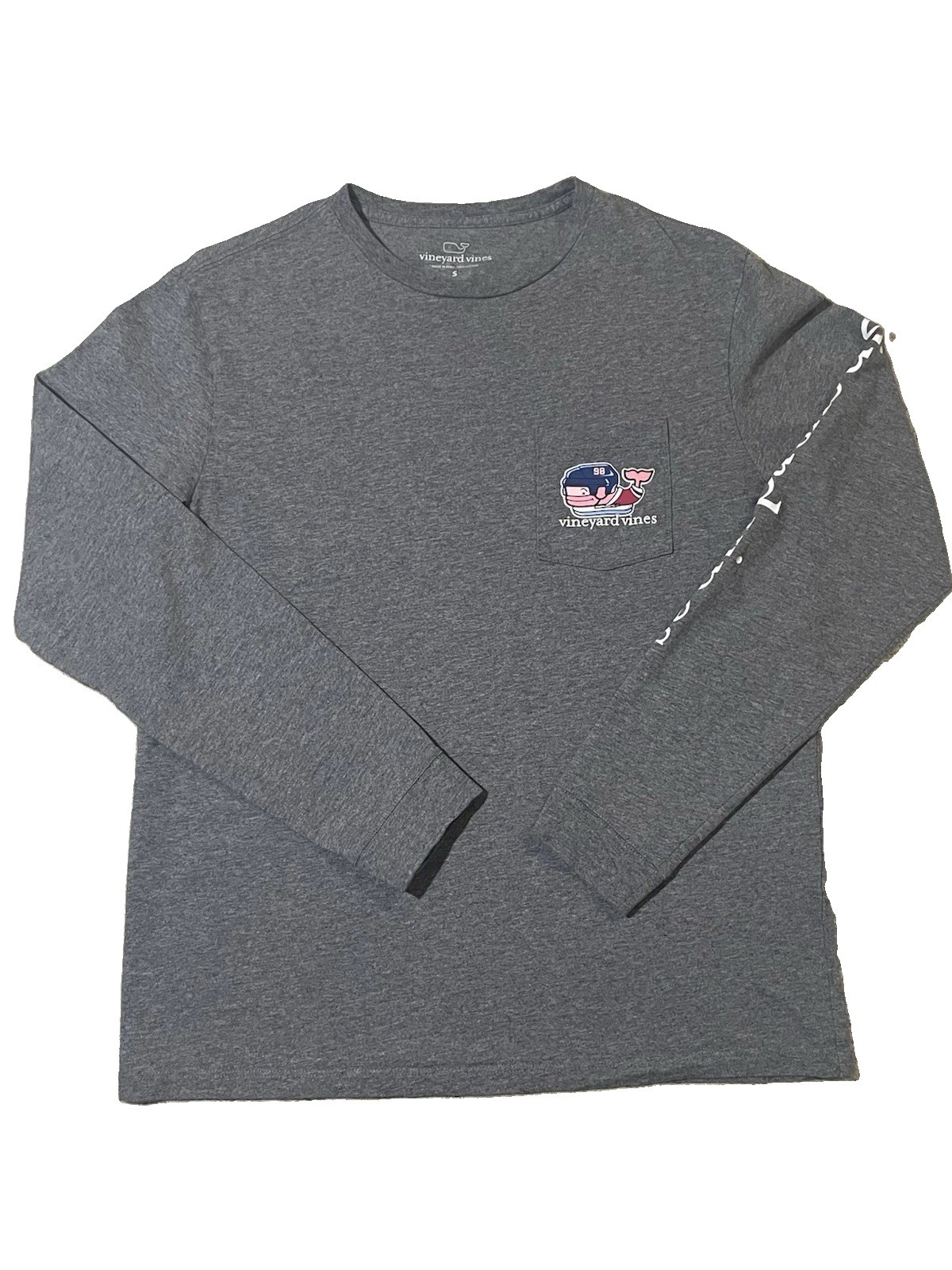 Vineyard Vines Gray Long Sleeve Pocket Tee Shirt Small Navy Pink Whale Graphic