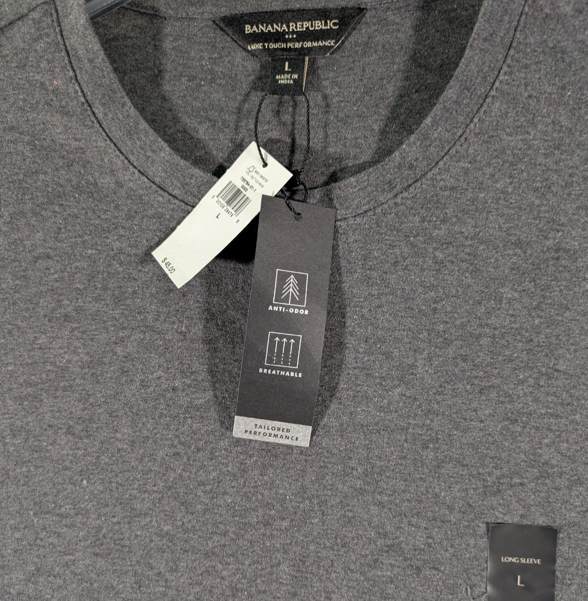 Banana Republic Men’s Large Luxe Touch Performance Tee Long Sleeve Charcoal NWT