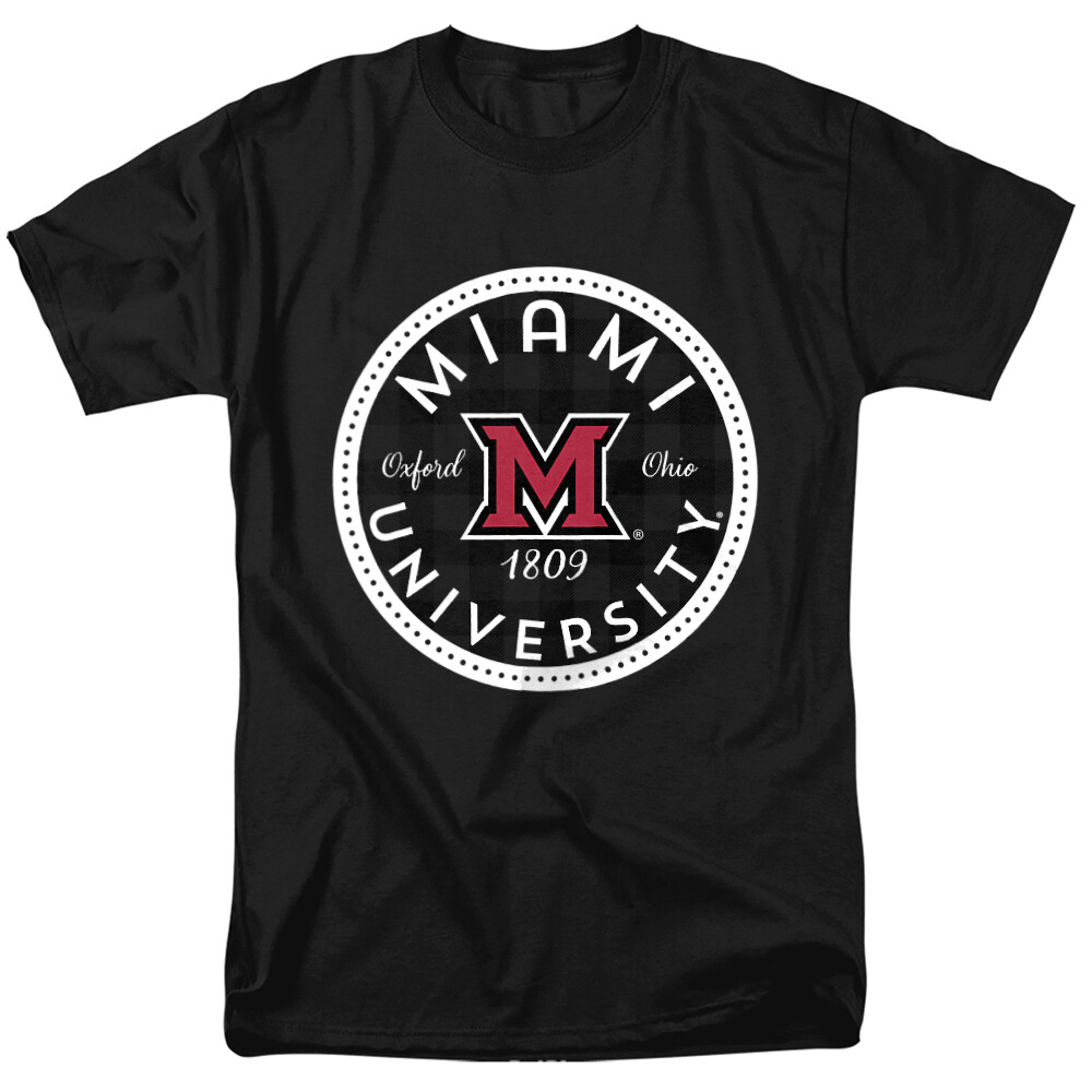 Miami University Adult T-Shirt Plaid Badge Miami Ohio Redhawks, Black, S-5XL