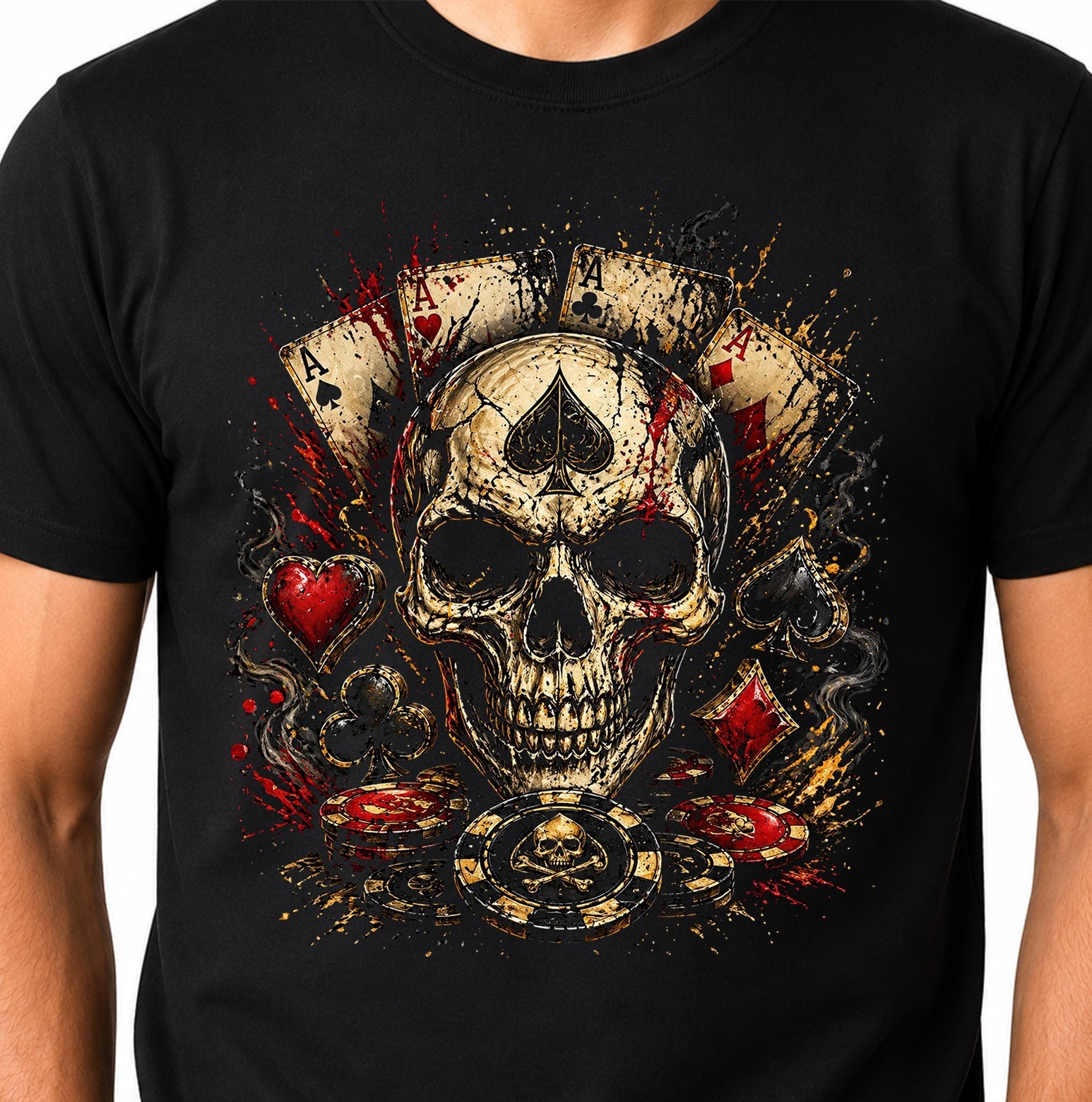 Skull Poker Aces Cards Chips Gambling Casino Gothic Graphic T-Shirt.