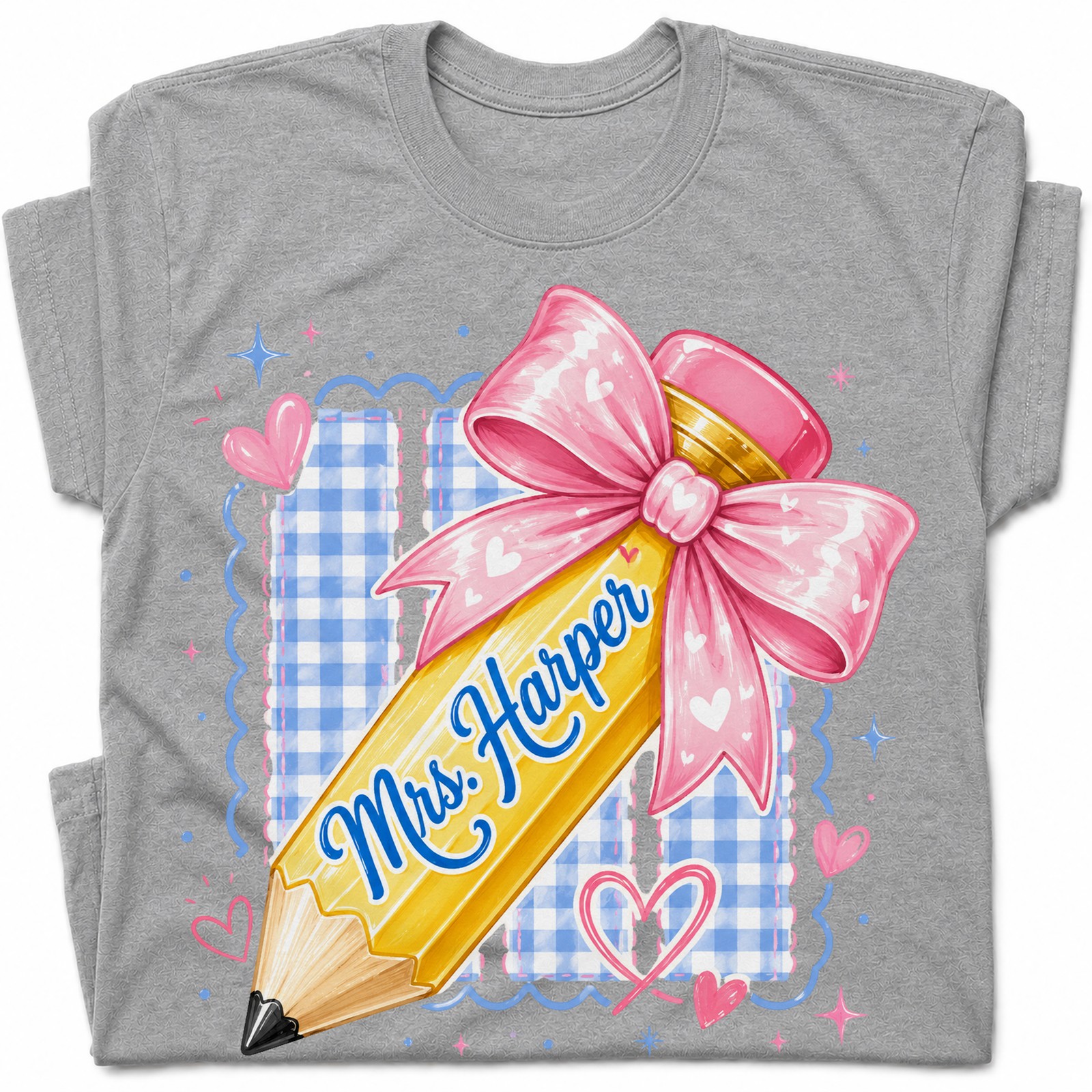 Personalized Pencil Bow Gingham T-Shirt Personalized Teacher Pencil Tee