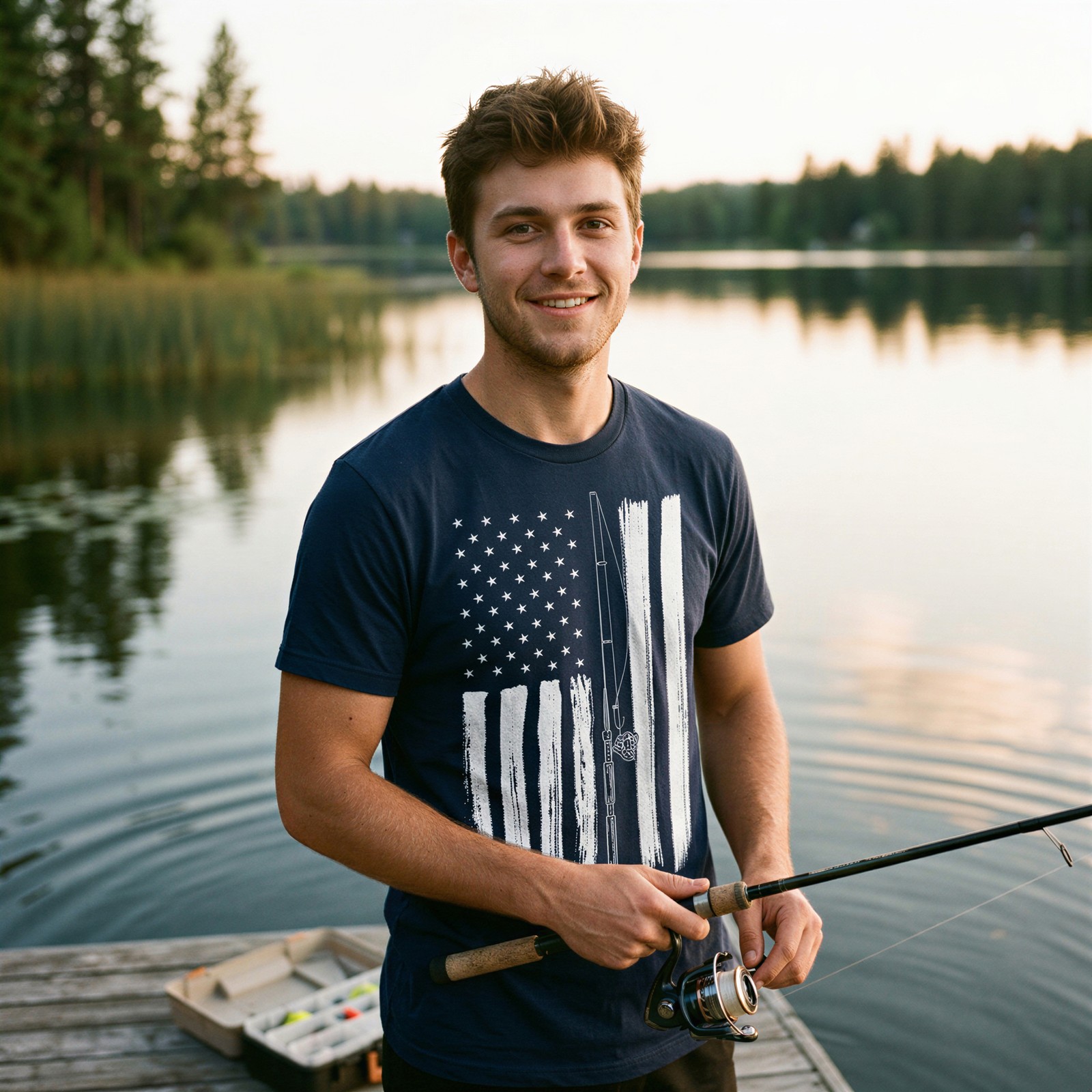 Mens Funny T Shirts USA Flag Fishing Pole Awesome American Fish Tee For Men